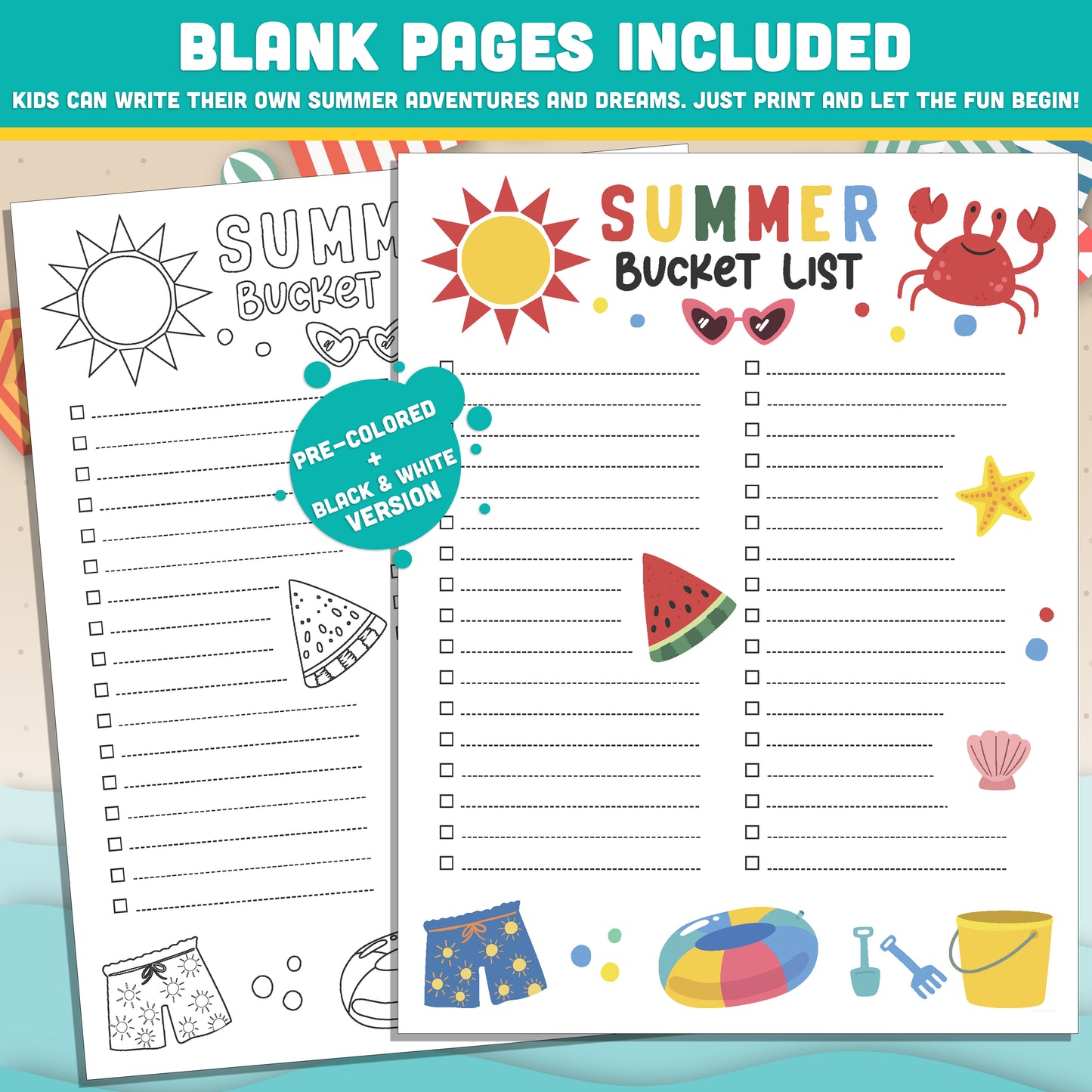 Summer Activity Checklist for Children: Editable Bucket List & Goals Planner PDF and PowerPoint Templates – Fun Black & White Pages Included
