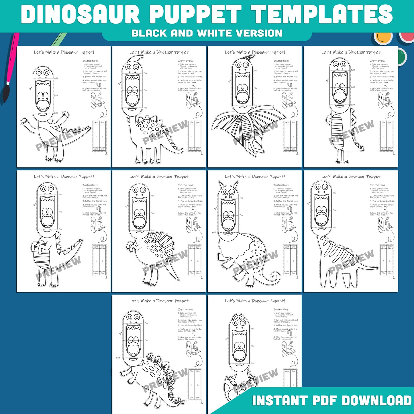 Dinosaur Paper Puppet Templates: 20-Page Fun Printable Craft for Kids, Pre-Colored & B/W, Perfect for Imaginative Play, Easy to Cut & Assemble, Instant PDF Download