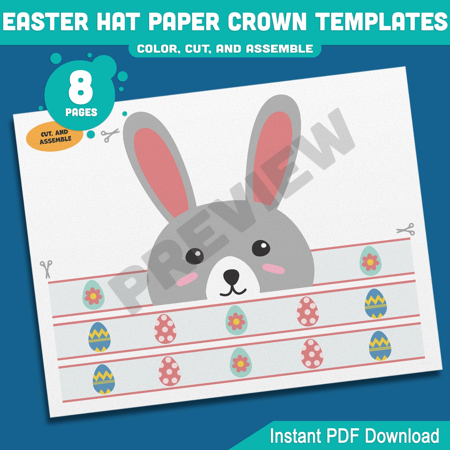 DIY Easter Hat Paper Crown, 8-Page Printable Kids Craft with 4 Fun Headband Designs, Bunny & Chick Theme, Pre-Colored & Coloring Options.