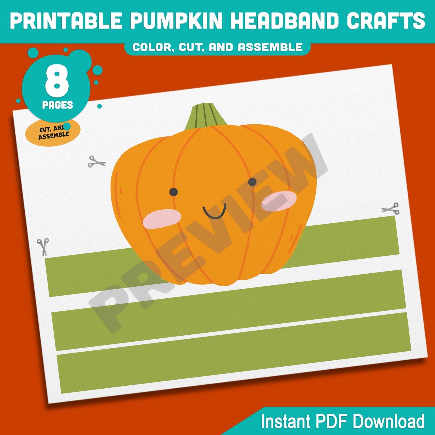 Printable Pumpkin Headband Crafts, Autumn Paper Crown and Hat Coloring Activity, Cut, Color & Wear for Kids, 5 Designs, Pre-colored + Black & White, PDF Download