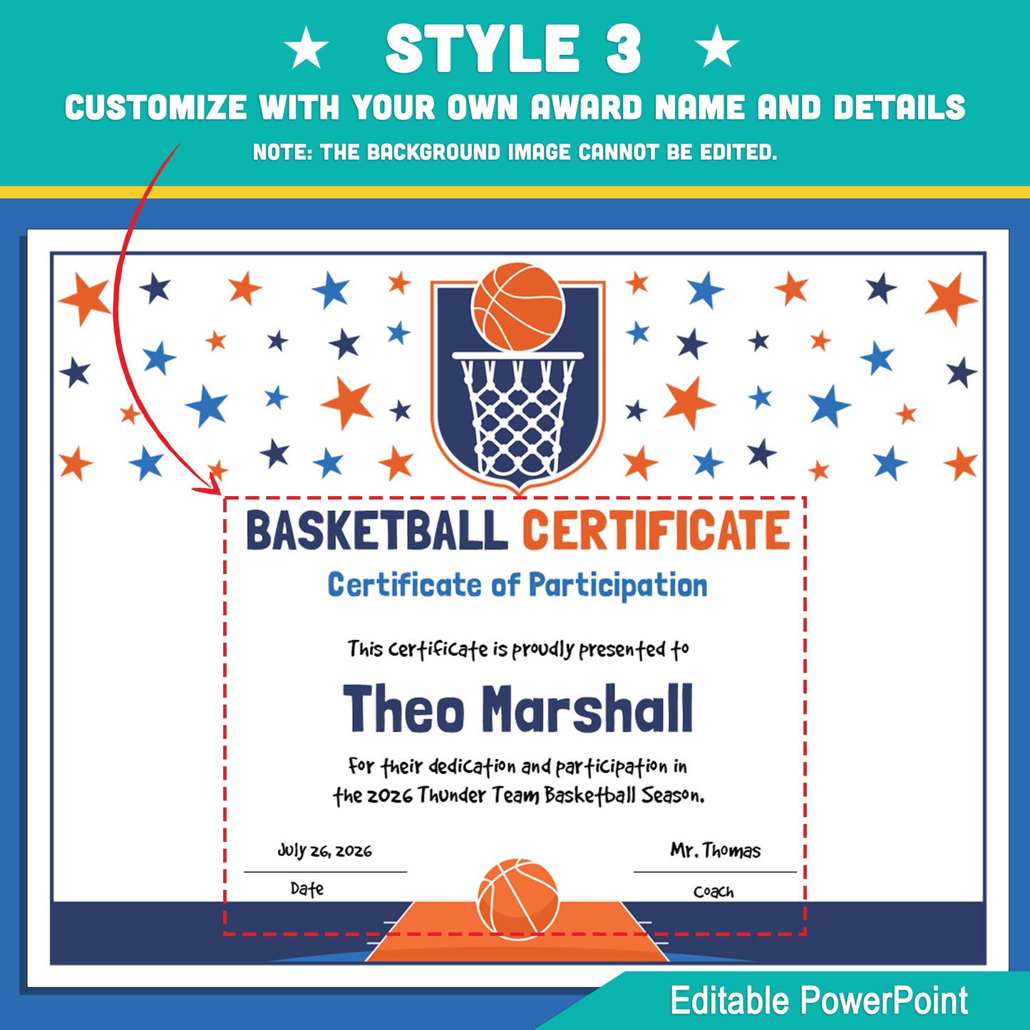 Editable Basketball Certificates | 4 Styles with Photo Options | Youth Team Awards, Player Recognition - 8.5x11 PowerPoint Instant Download