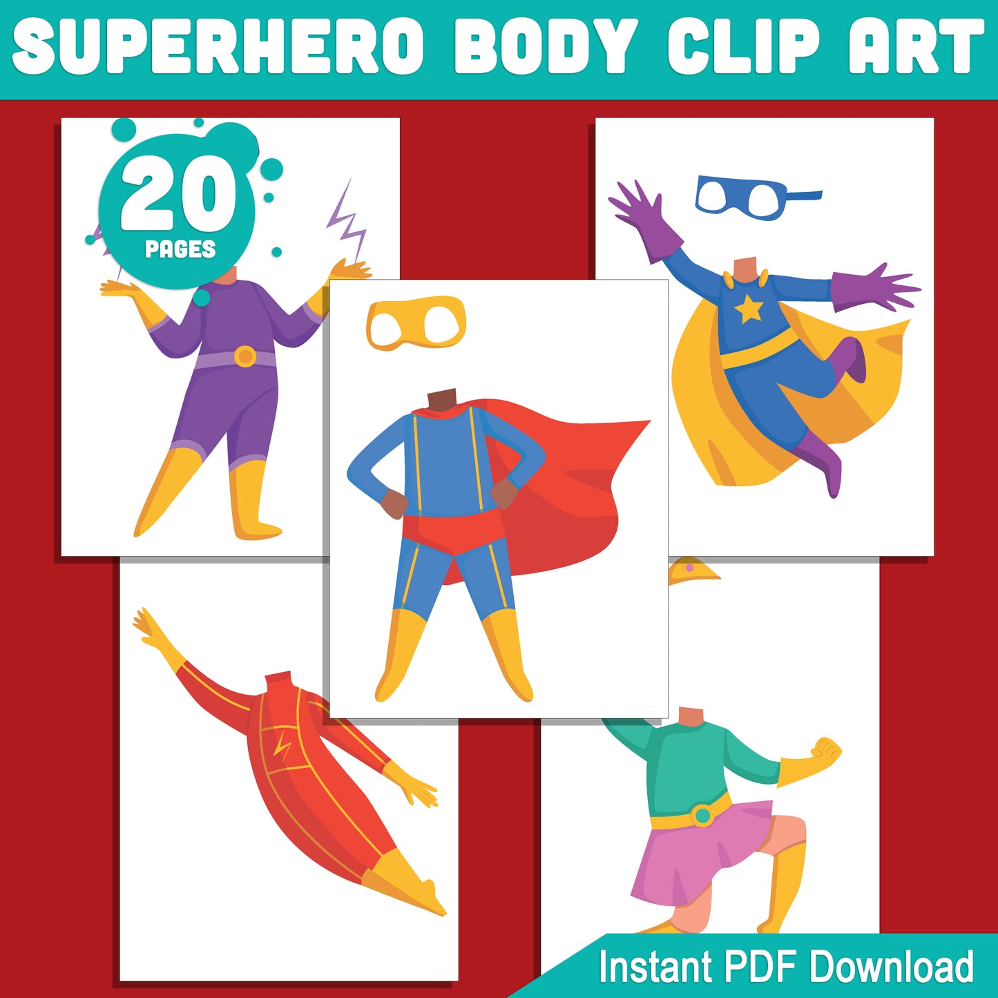 Superhero Body Cutout Clip Art: Add Your Own Face for a Customizable, Fun Activity – 20 Designs, Perfect for Kids’ Crafts & Parties, Instant PDF Download