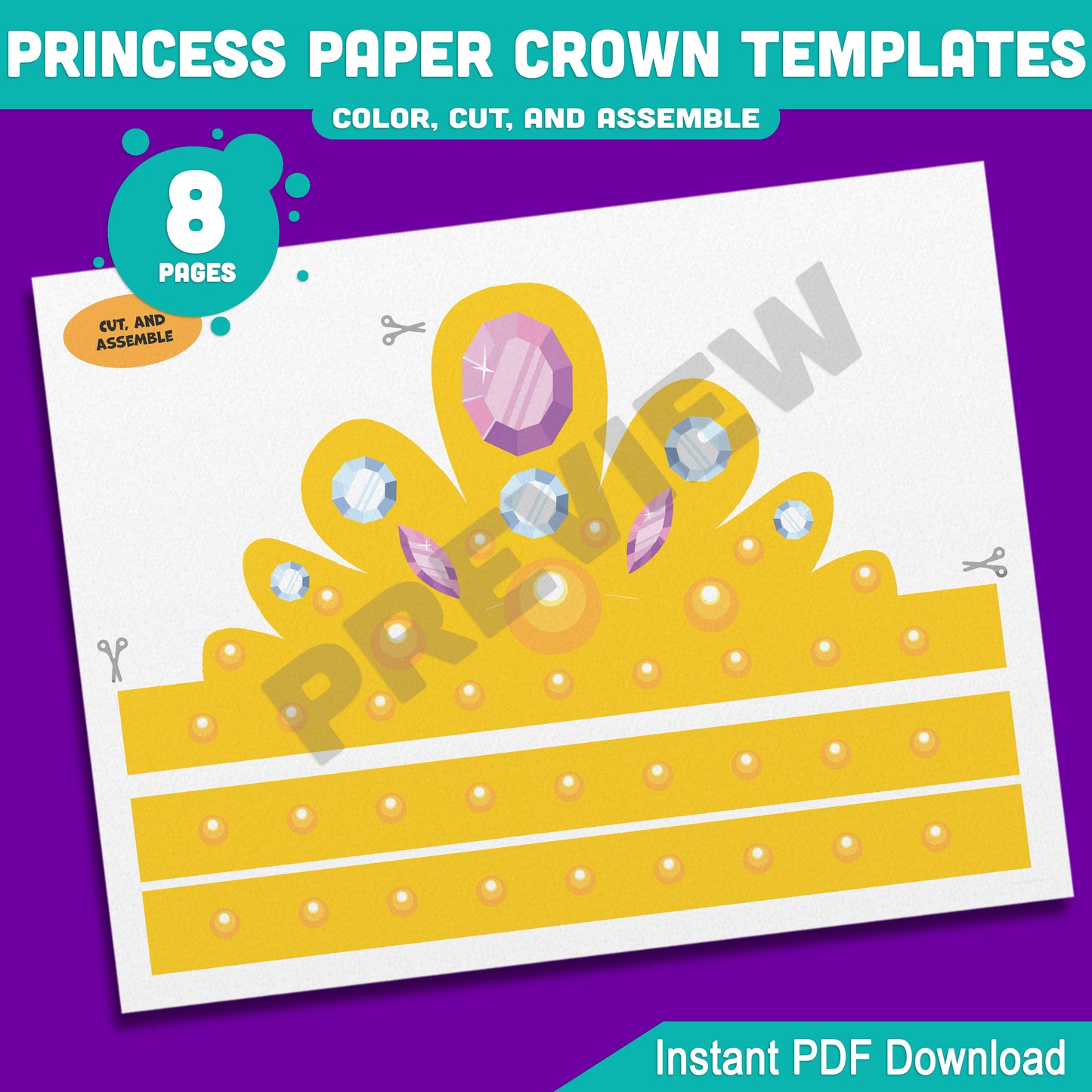 Princess Paper Crowns – 4 Printable Tiara and Royal Hat Designs for Kids, in Color and Black & White, Fun Headband Craft, 8 Pages