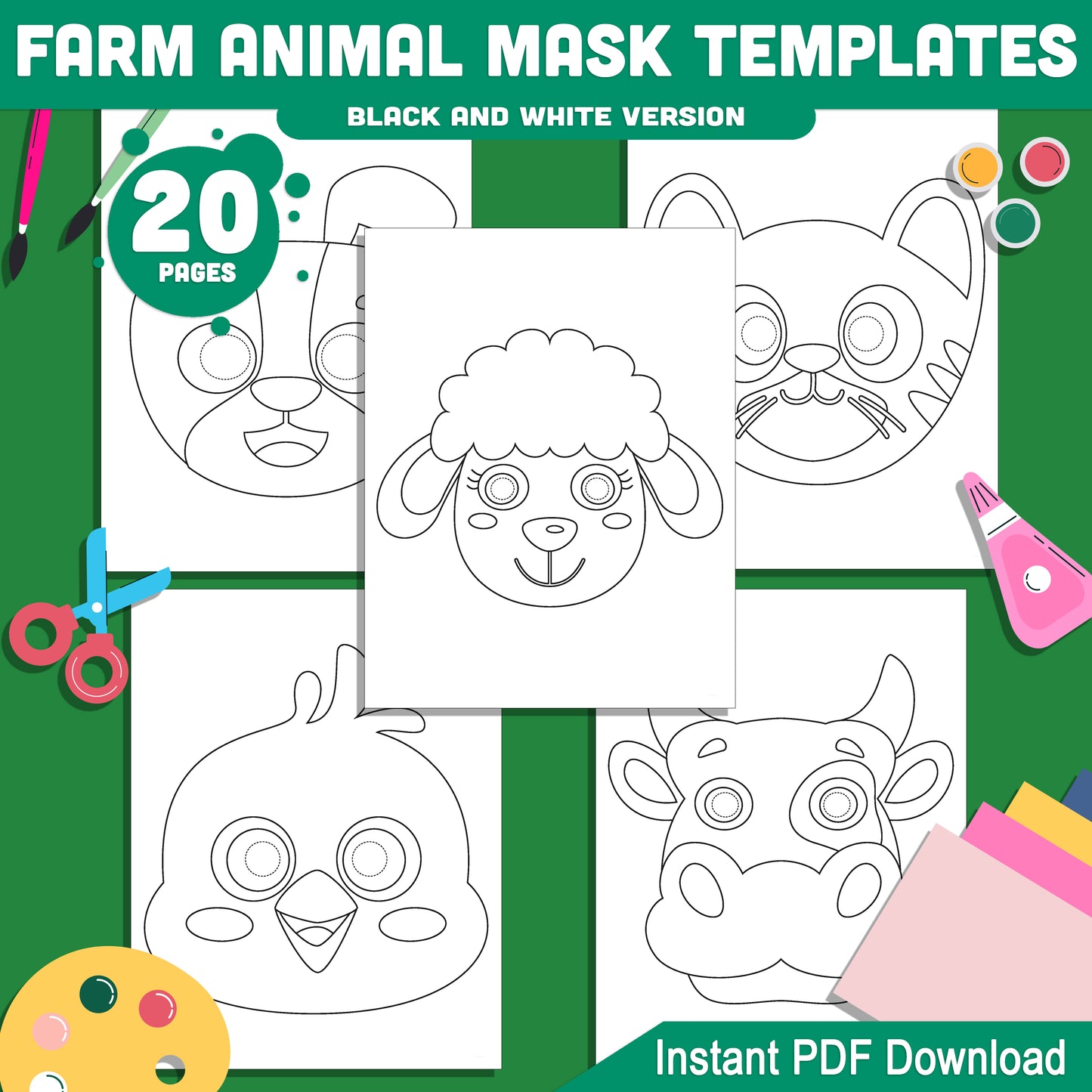 DIY Farm Animal Mask Templates: 20-Page Printable Craft Set, Pre-Colored & Black and White, Perfect for Kids' Costumes, Parties & Classrooms