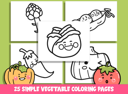 25 Cute Simple Vegetable Coloring Pages, Large Size, Thick Border, Perfect for Preschool & Kindergarten, PDF File, Instant Download