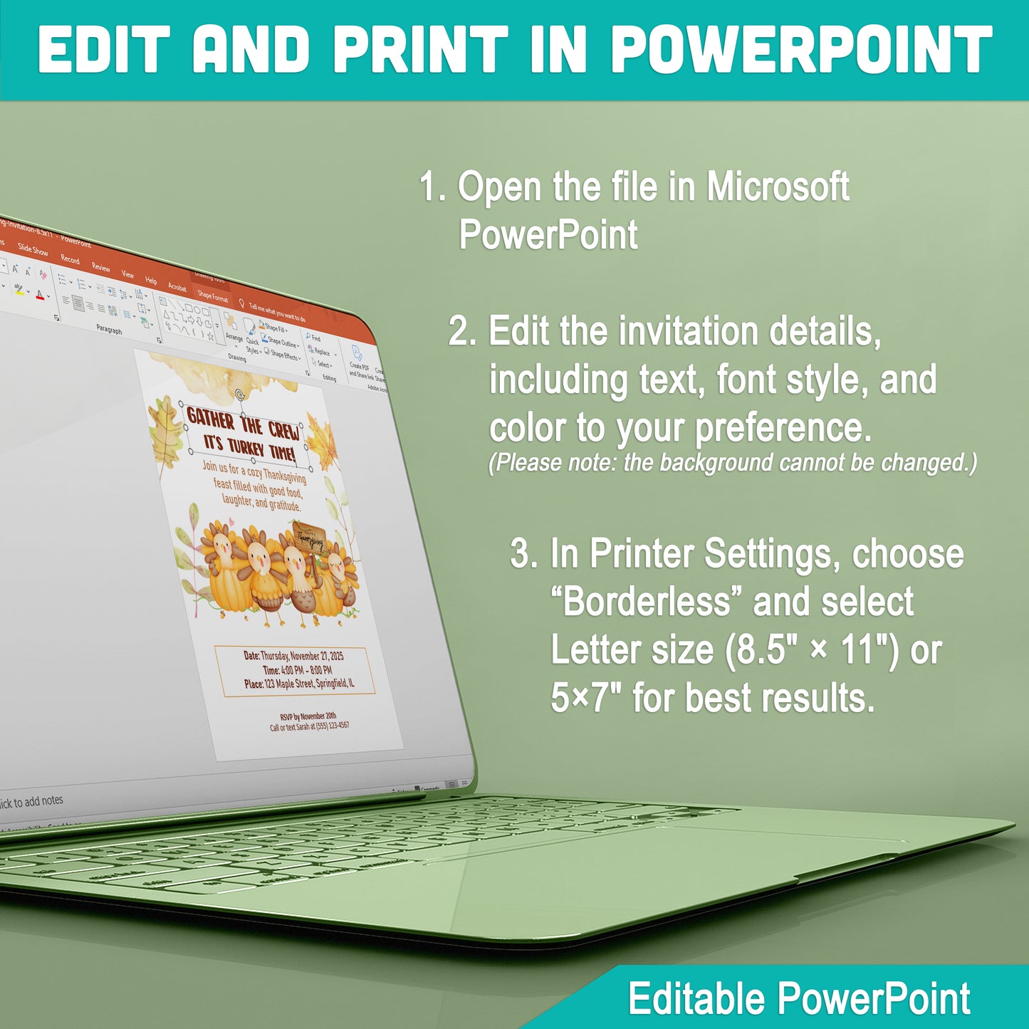 Thanksgiving Invitation, Gather the Crew – It’s Turkey Time!, Editable PowerPoint Template, 3 Sizes (Letter 8.5x11”, 5x7”, Tag 2x3”), High-Res 300 DPI