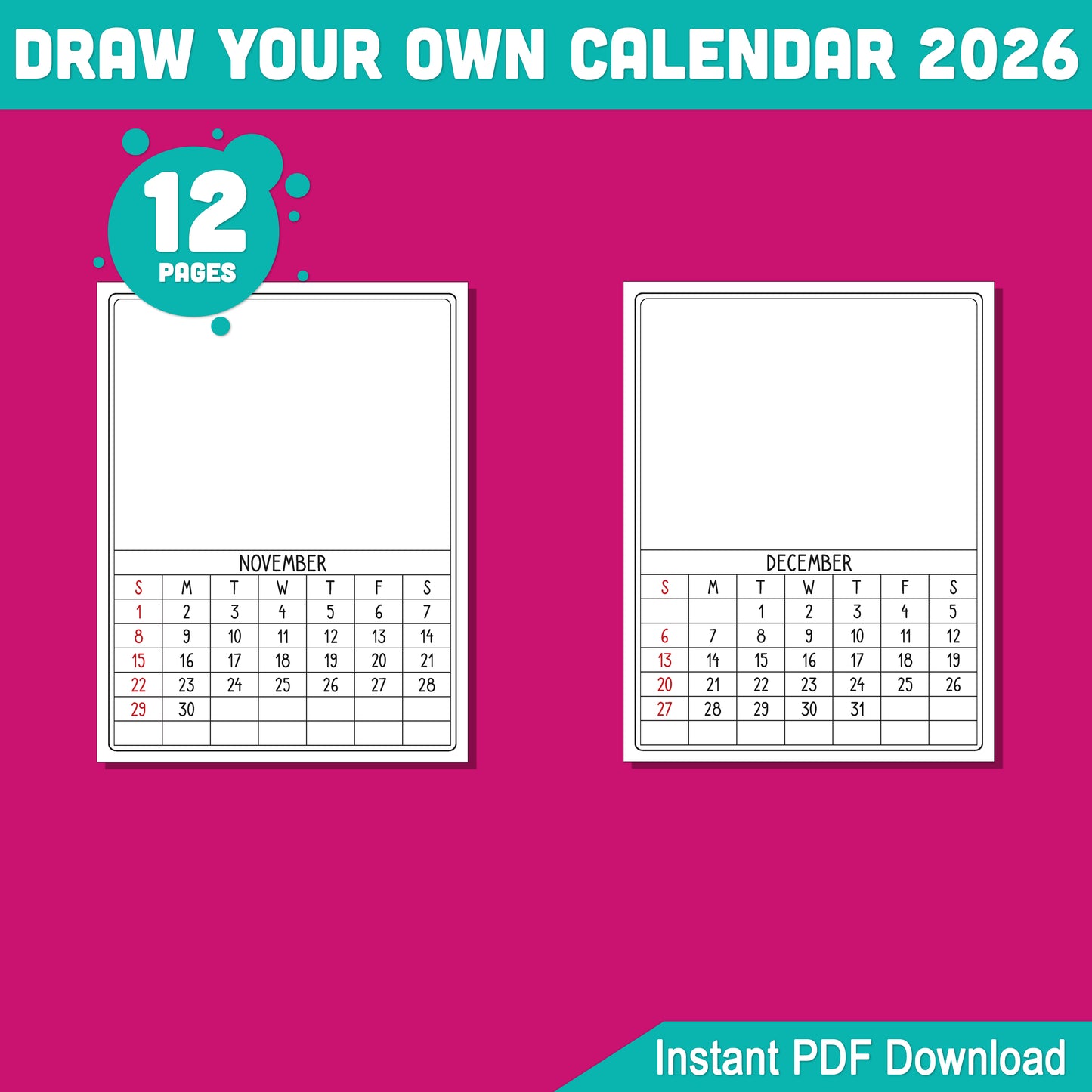 DIY Calendar 2026 for Kids: 12-Month Blank Templates to Personalize with Artwork, 8.5x11 Inches, PDF Instant Download
