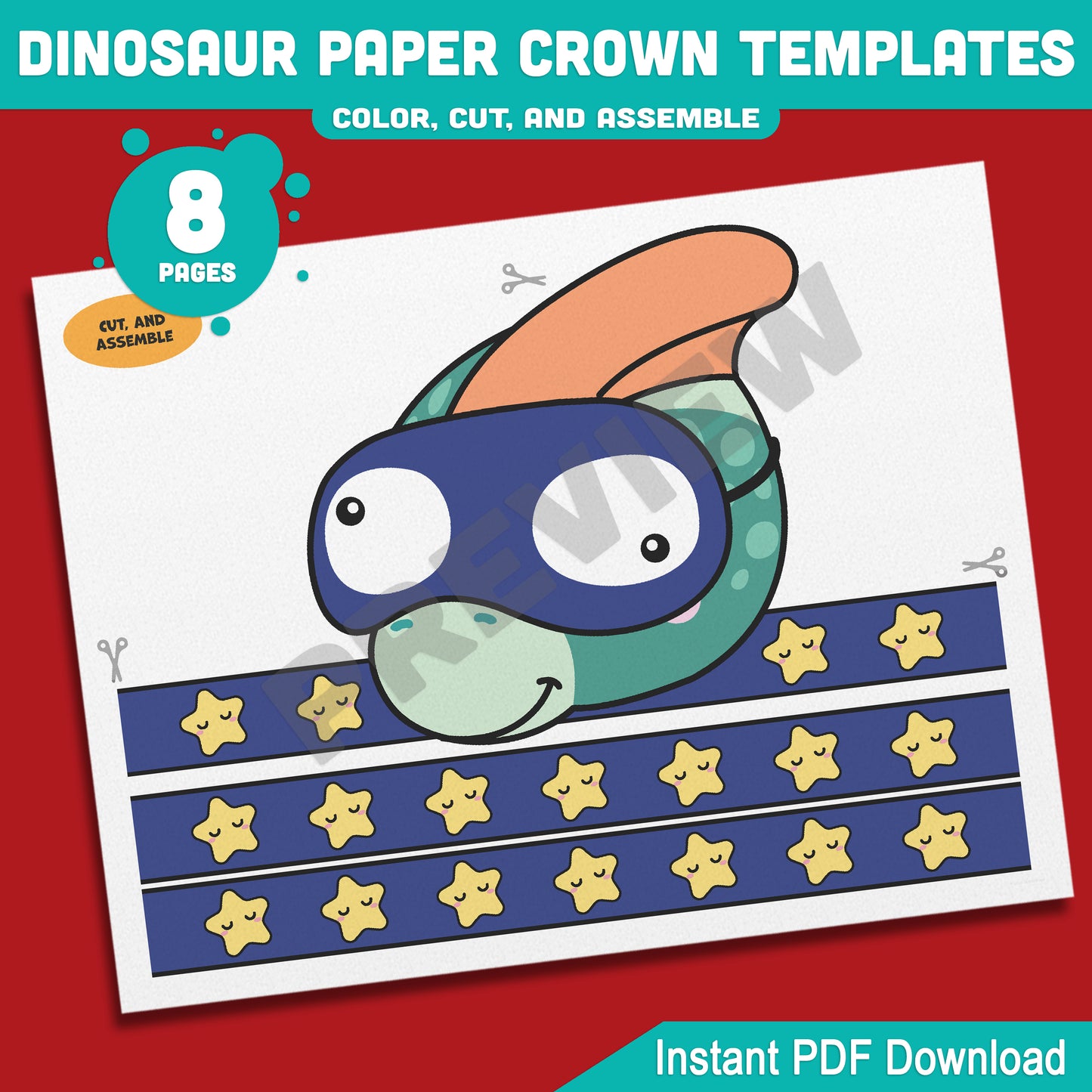 Dinosaur Paper Crowns for Kids – 4 Printable Hat and Headband Designs in Color and Black & White, 8-Page Craft Download, PDF Format