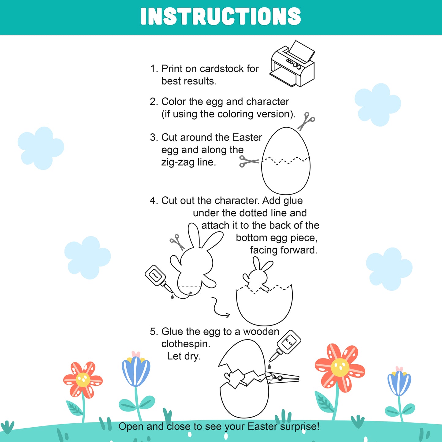 Easter Egg Surprise Craft Printable, Clothespin Puppets Template for Kids with Bunny and Chick, Spring Puppet Craft, 4 Designs, Instant Download