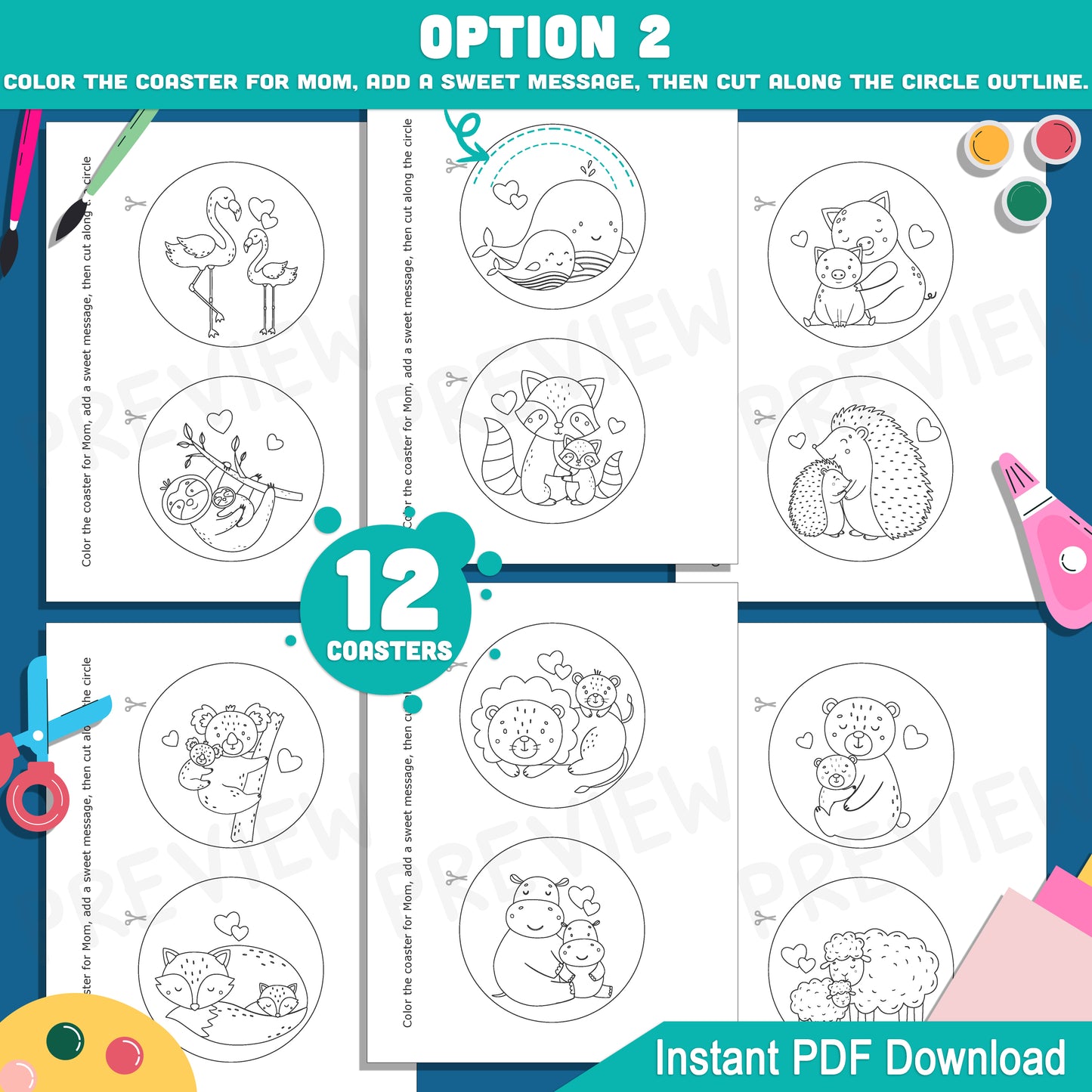 Mother’s Day Craft for Kids: Color & Gift 12 Sweet Animal Round Coasters with Two Creative Options, Easy Cut Out, Instant 8.5x11 PDF File