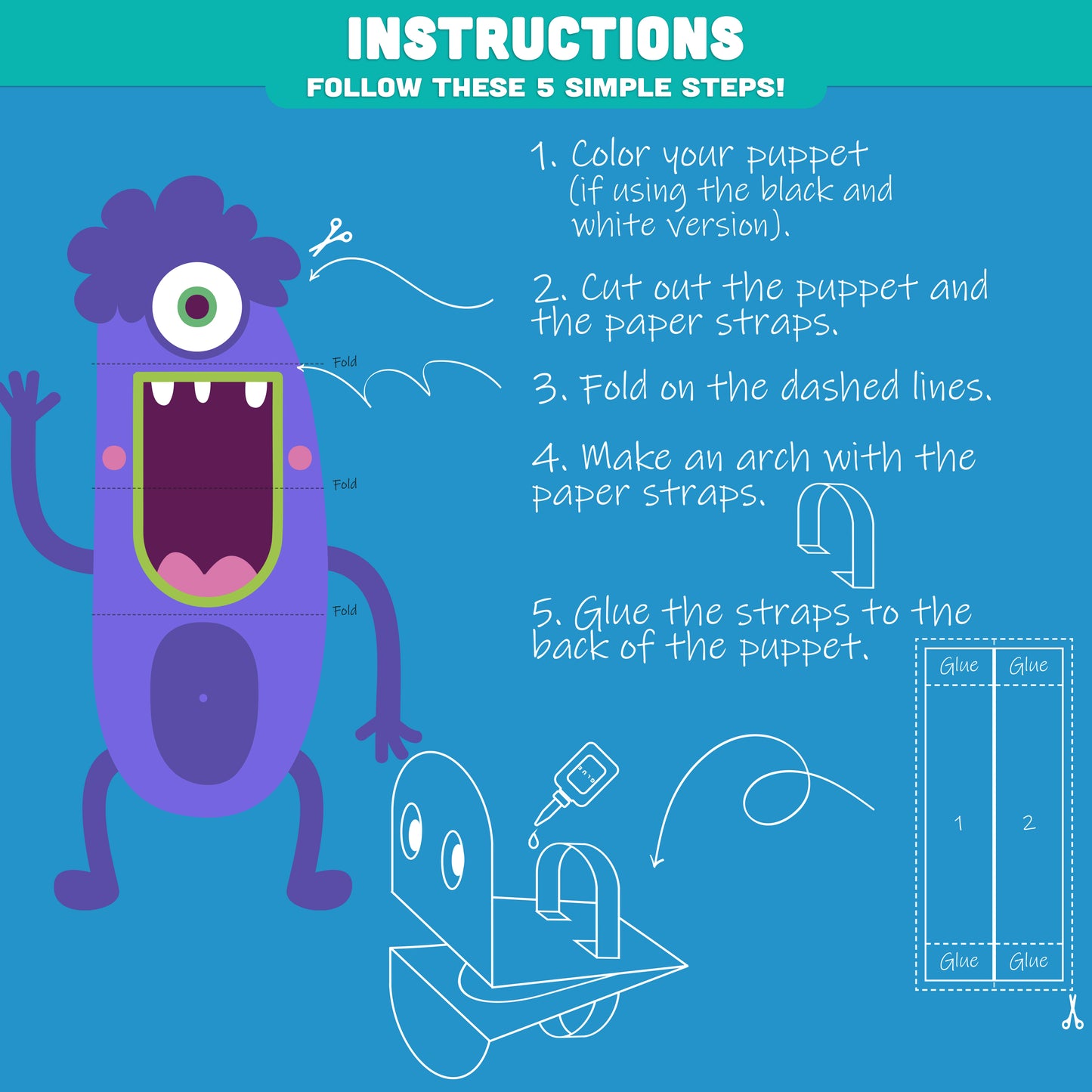 DIY Monster Paper Puppet Craft for Kids: 5 Pre-Colored + 5 Black and White Pages, Fun Halloween Craft for Classrooms, Parties & Home, Instant PDF