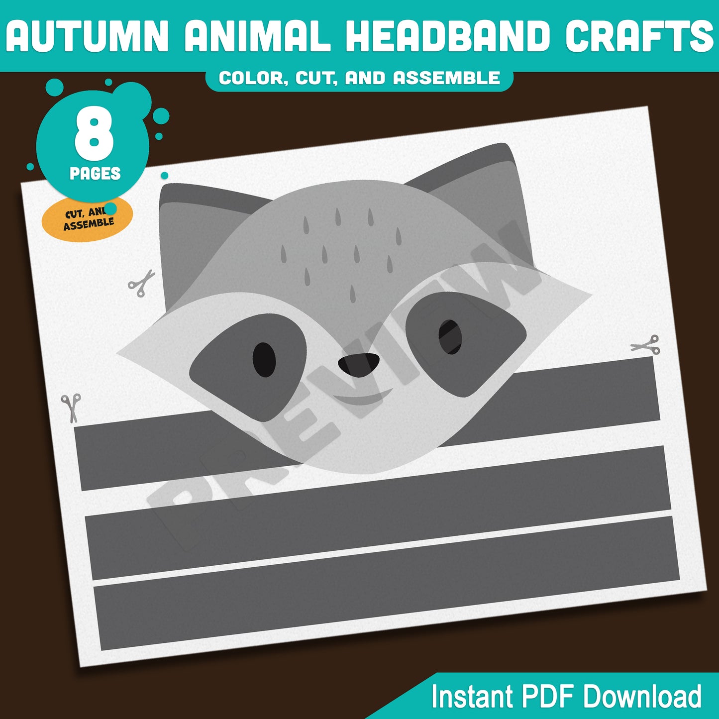 Printable Autumn Animal Headband Crafts, Fall Crown and Paper Hat Activity for Kids, Fun Color, Cut & Wear Craft, 5 Animal Designs, Black & White + Pre-colored, PDF
