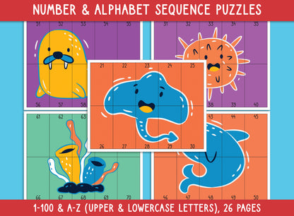 Sea Animal Number and Alphabet Sequence Puzzles (Printable), 1-100 and A-Z (Upper/Lowercase Letters), for Toddler, Preschool, Kindergarten