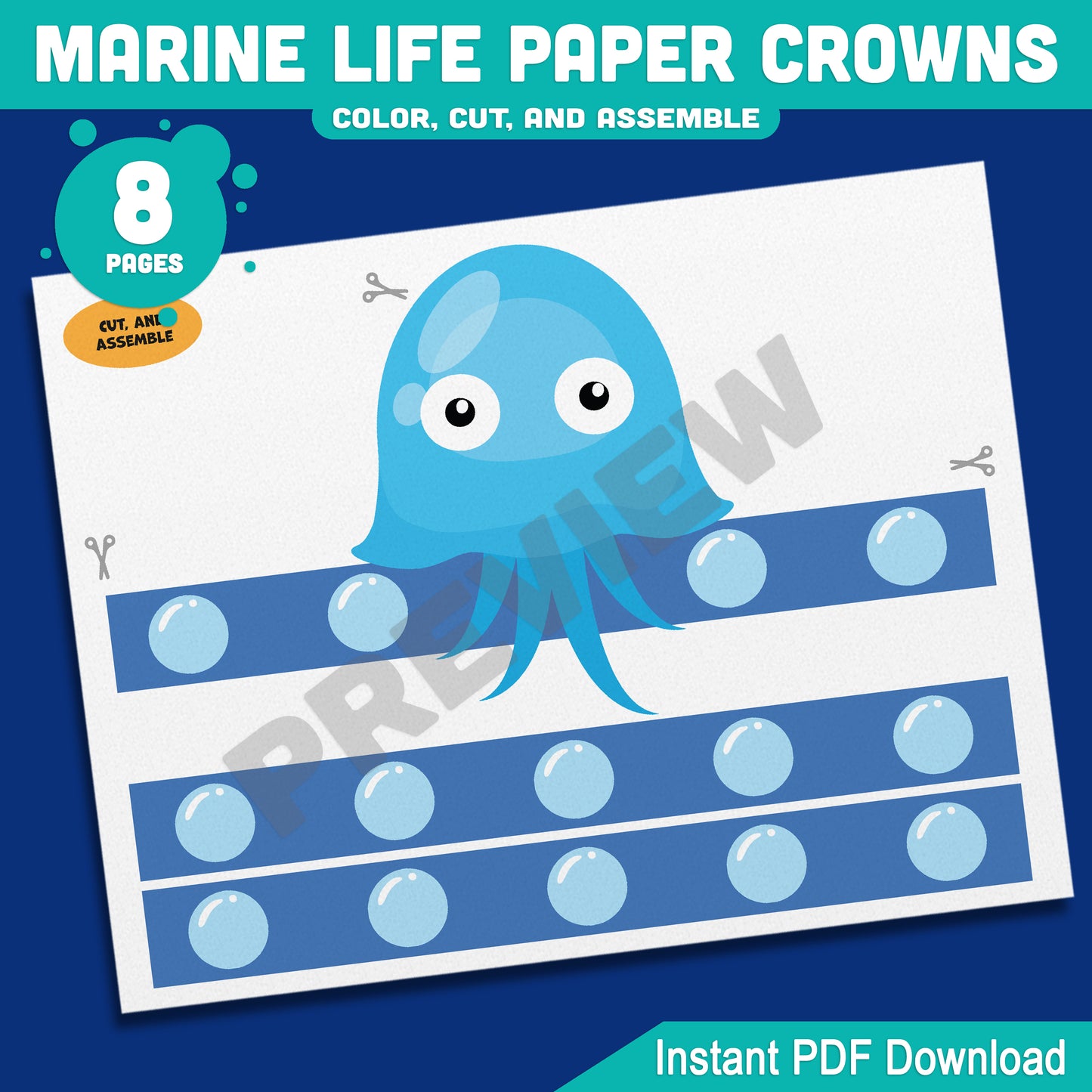 Marine Life Paper Crowns β Printable 8-Page Set with Pre-Colored + Black & White Sea Creatures, Great for Crafts and Pretend Play Activities