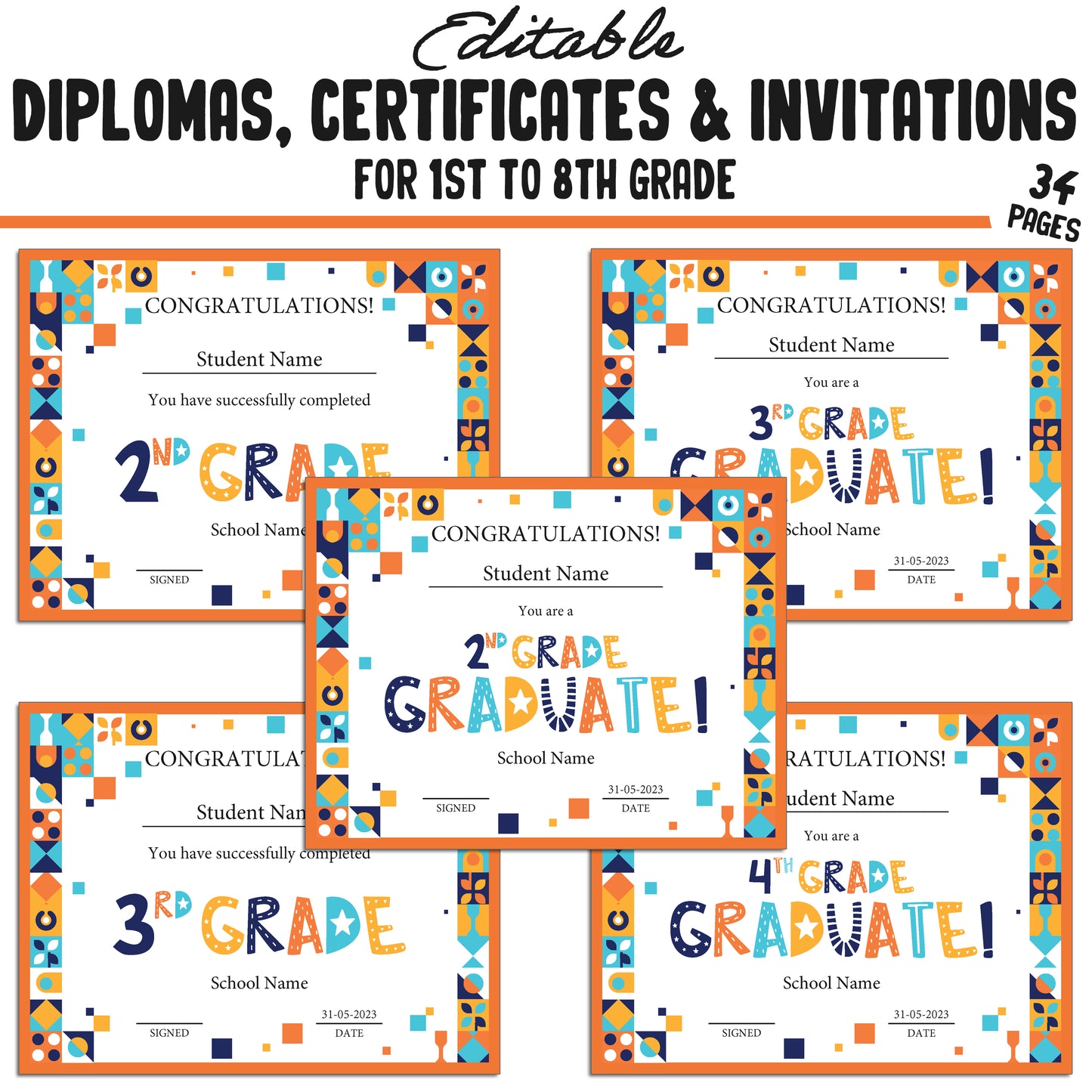 Editable Diplomas for 3rd Grade, Certificates for 1st-8th Grade, and Invitation Templates in a Mosaic Theme - 34 Pages, PDF Instant Download