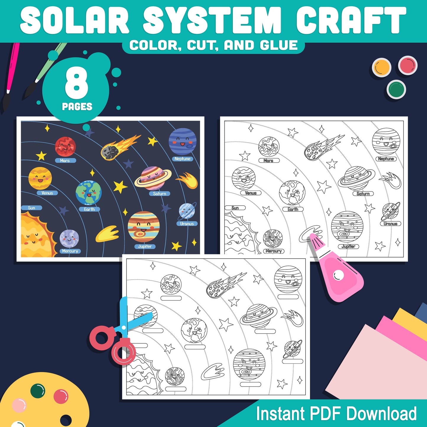 Solar System Printable Craft: 8 Pages of Cut, Color & Learn Fun, Includes Planet Name Writing Worksheets, Pre-Colored & Black & White, PDF Download