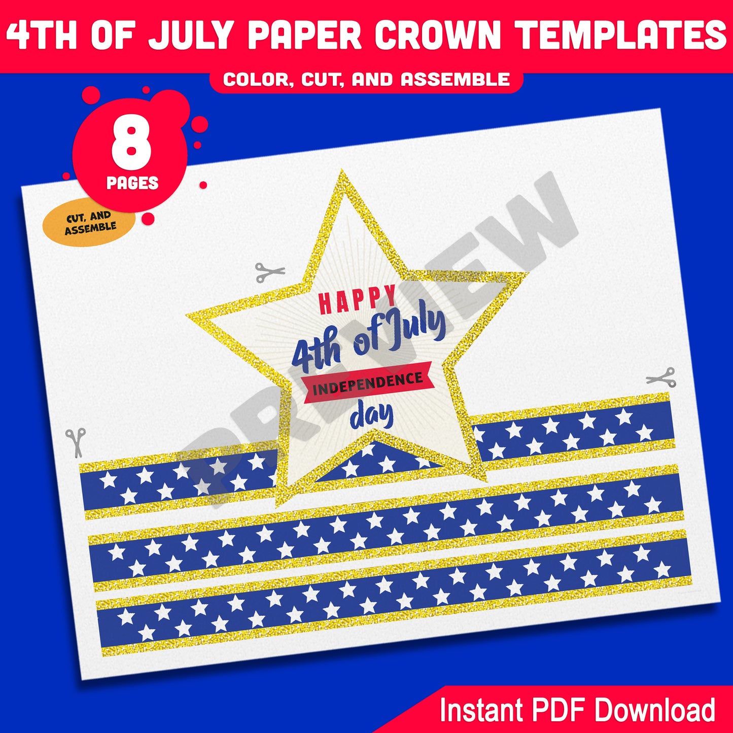Independence Day Paper Crowns – 4 Printable USA-Themed Hat Designs for Kids in Color & Black & White, Fun Craft for July 4th, 8 Pages