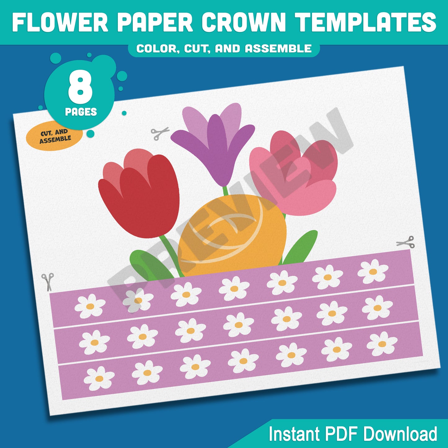 Spring Flower Paper Crown Templates: 4 Cute Hat Designs for Kids in Color and Black & White, Fun Printable Headbands, 8 Pages PDF