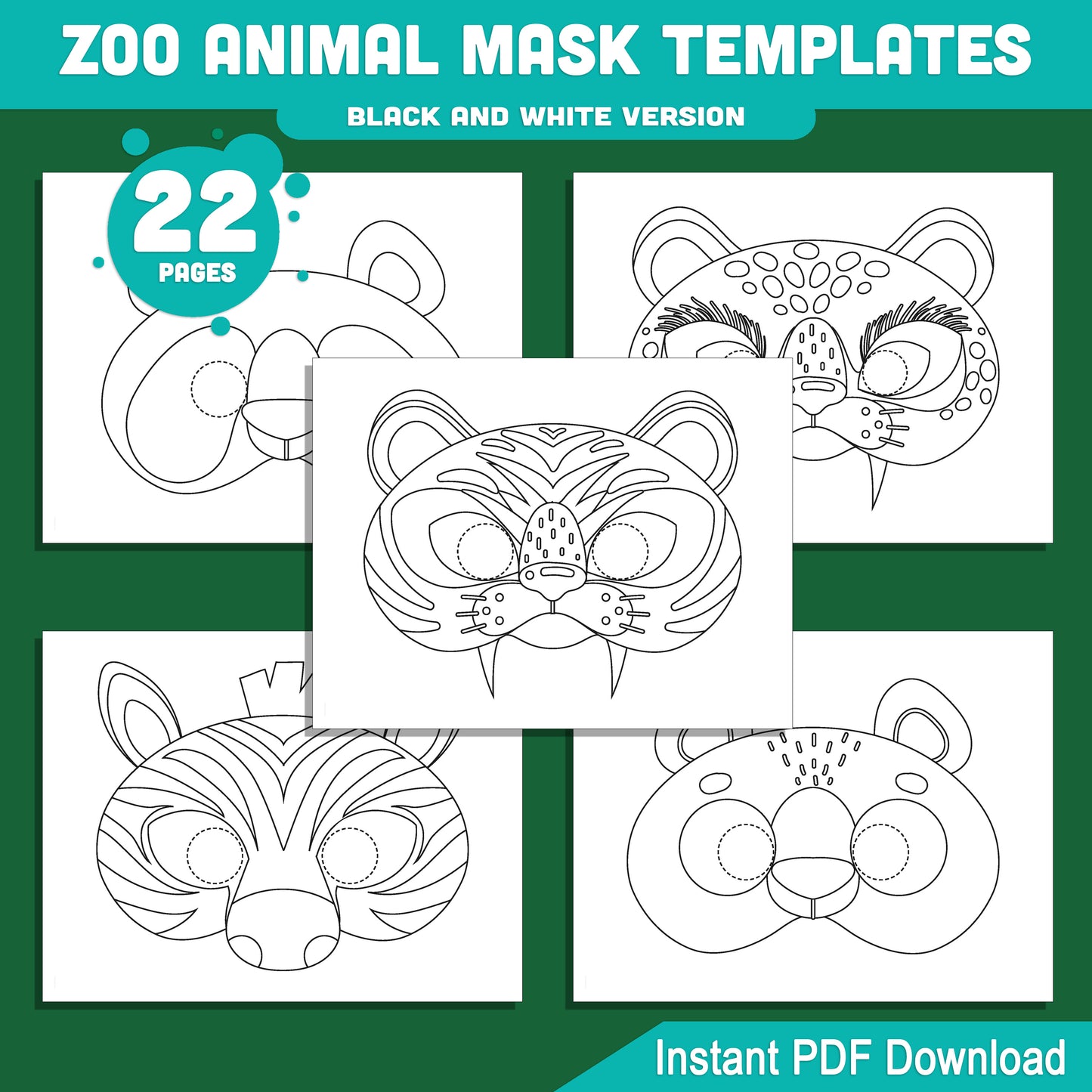 Zoo & Jungle Animal Mask Templates: 22 Fun Printable Masks for Kids, Pre-Colored + Black & White, Great for Parties & Pretend Play, Instant PDF Download