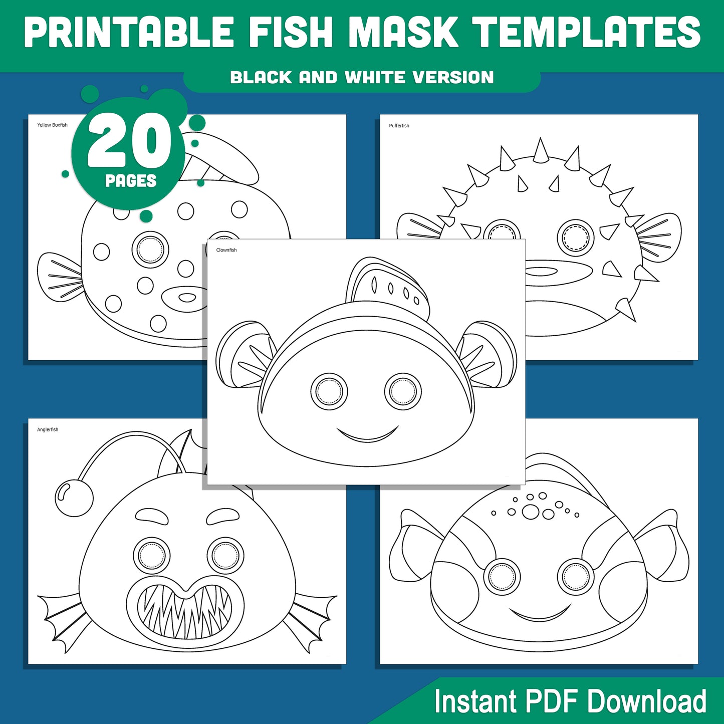 DIY Fish Mask Templates – Fun Printable Coloring Masks for Kids' Parties, Costumes & Activities, Pre-Colored & Black-and-White PDF for Instant Use
