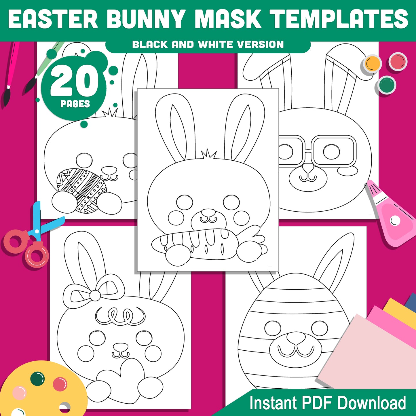 Easter Bunny Mask Printables: 20-Page DIY Craft Set for Kids, Pre-Colored & Black and White, Great for Costumes, Play, Spring Parties, Instant PDF Download