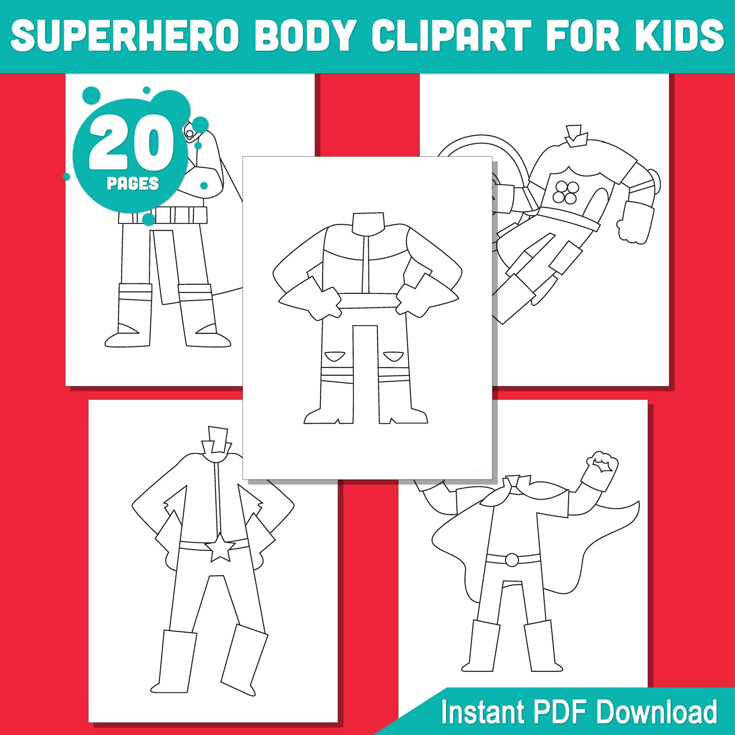 20 Superhero Body Coloring Pages, Fun Printable Activity for Kids to Insert Their Own Face, Perfect for School, Homeschool, or Parties, PDF
