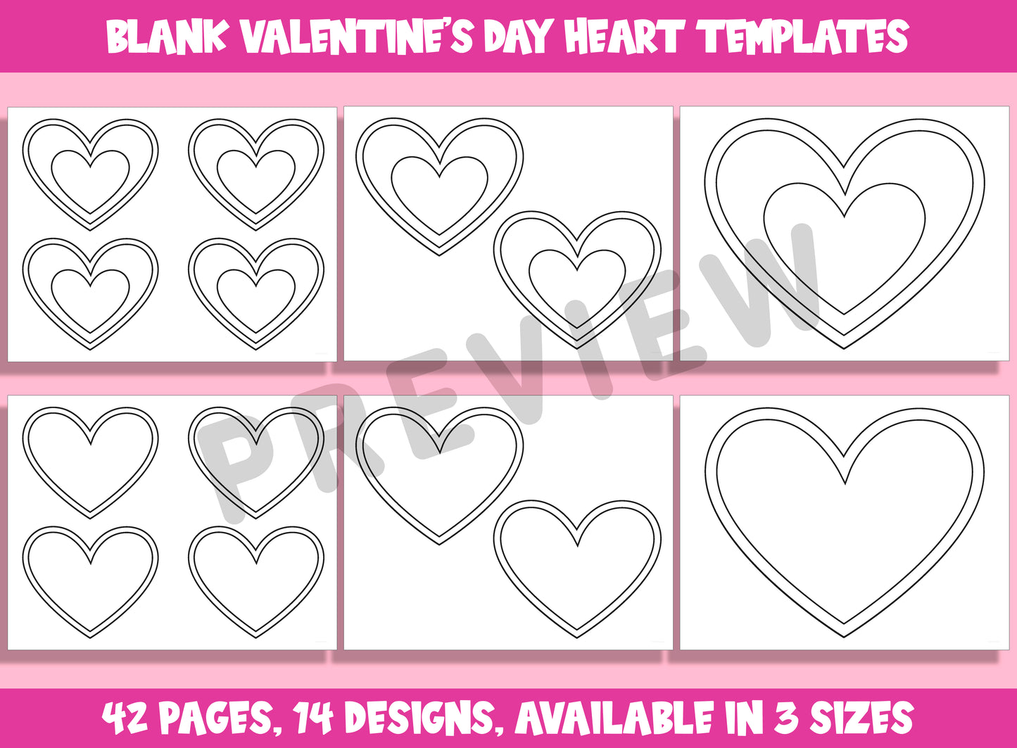 Blank Valentine's Day Heart Templates, Coloring Clipart Bundle, 42 Pages, 14 Designs, Available in 3 Sizes, PDF File, Instant Download