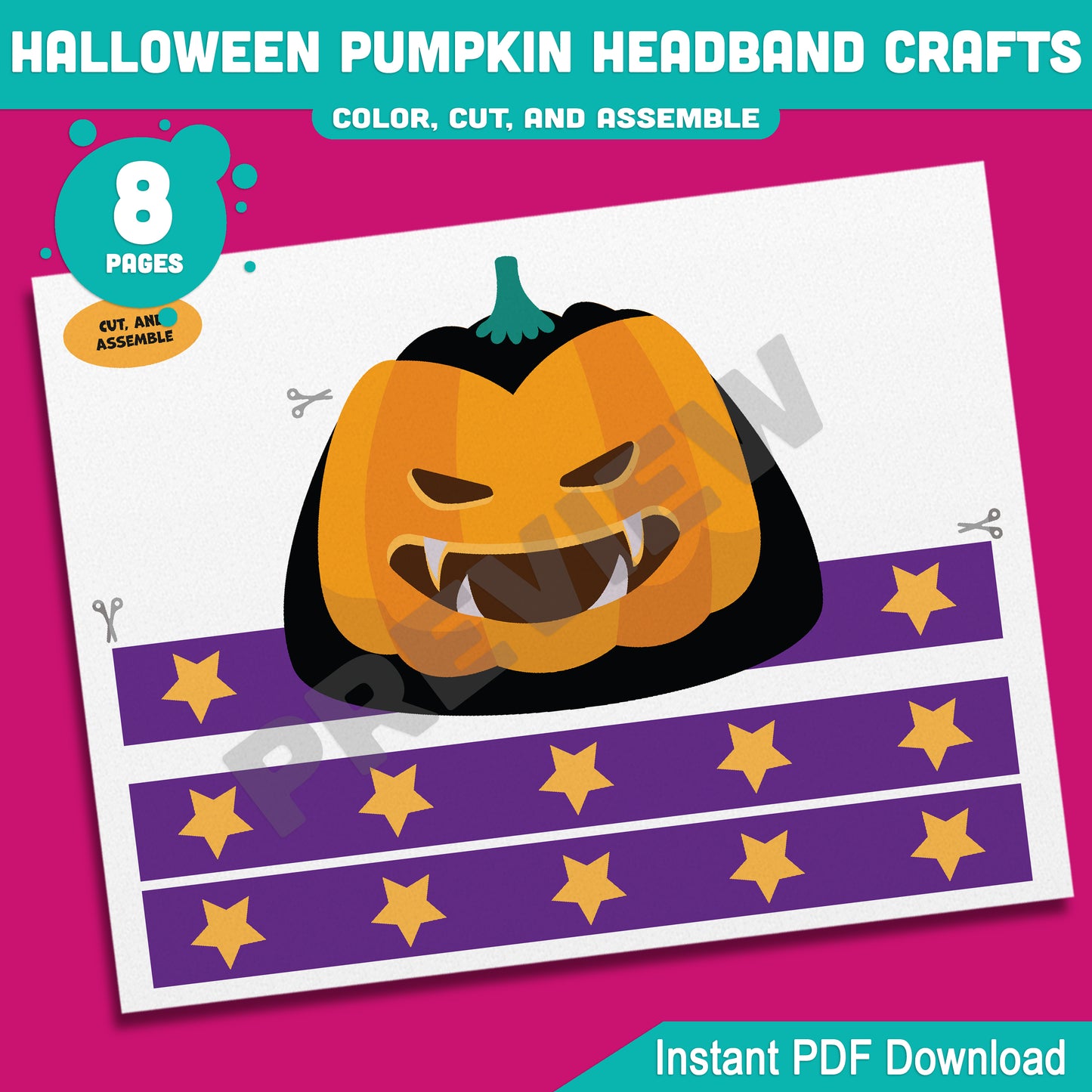 Halloween Pumpkin Headband Crafts for Kids – 4 Fun Designs, Pre-Colored & Black and White, Perfect Preschool, Pre-K, Kindergarten Drama Activity