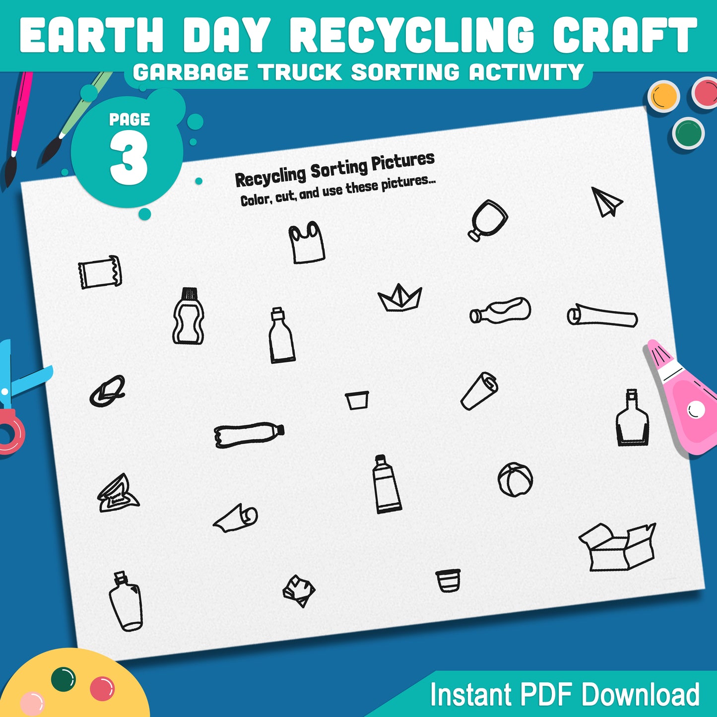 Earth Day Recycling Craft, Garbage Truck Sorting Activity, Recycle Sorting Worksheet, Cut and Paste Activity for Kids, Classroom Printable PDF