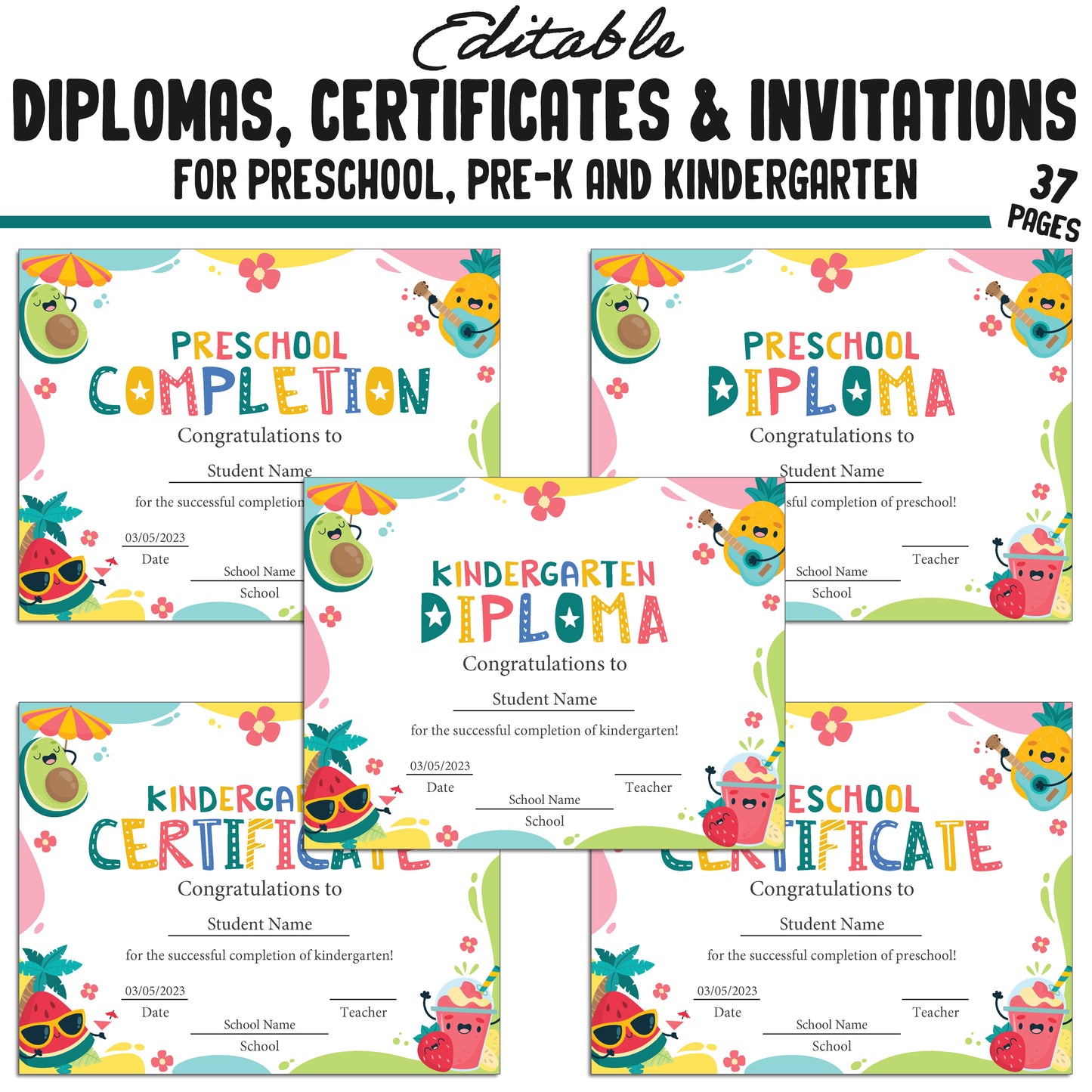 37 Summer-Themed Pre-K, Kindergarten, and Preschool Diplomas, Certificates, and Invitation Templates (PDF) - Instant Download