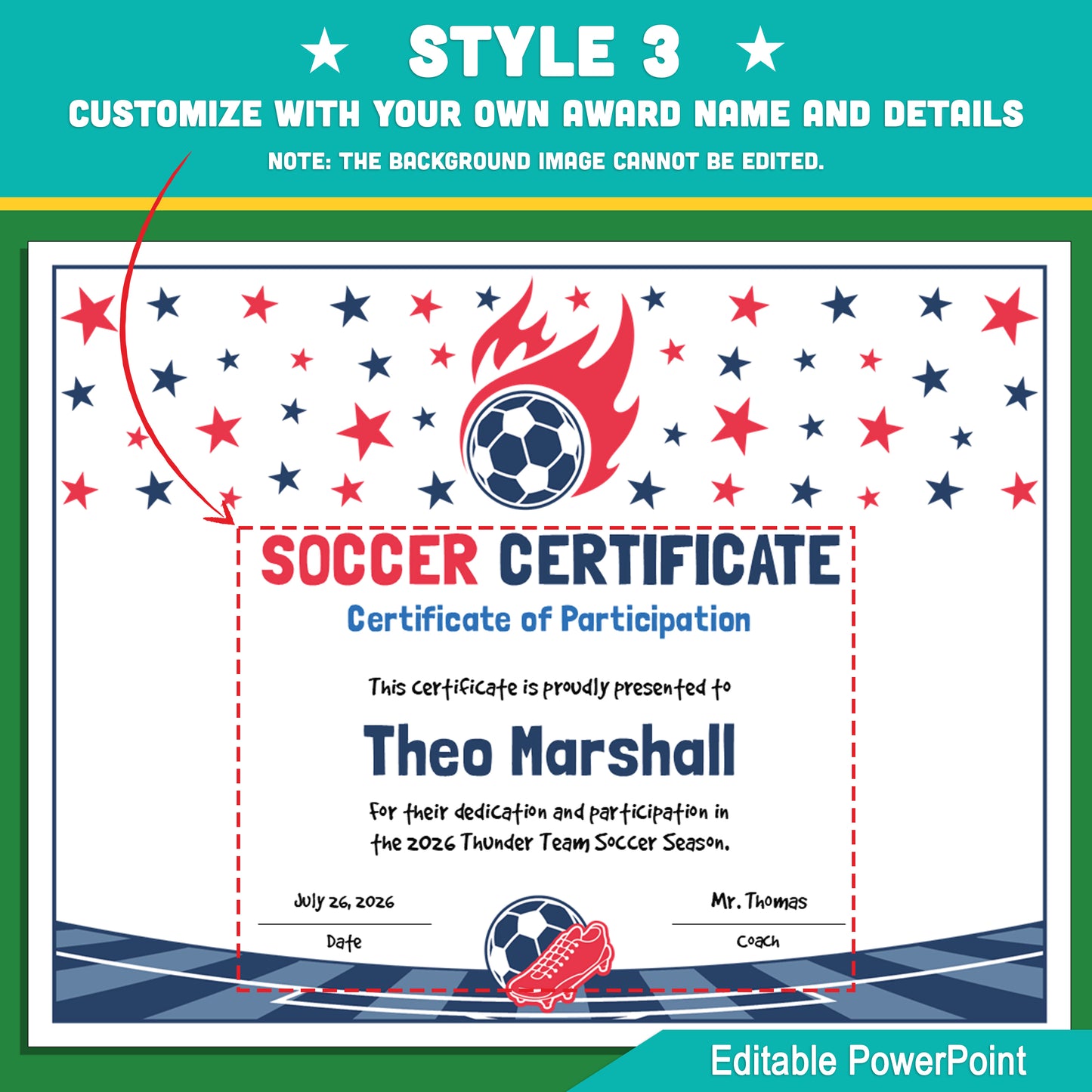 Editable Soccer Certificates | 4 Styles with Photo Options | Youth Team Awards, Player Recognition - 8.5x11 PowerPoint Instant Download