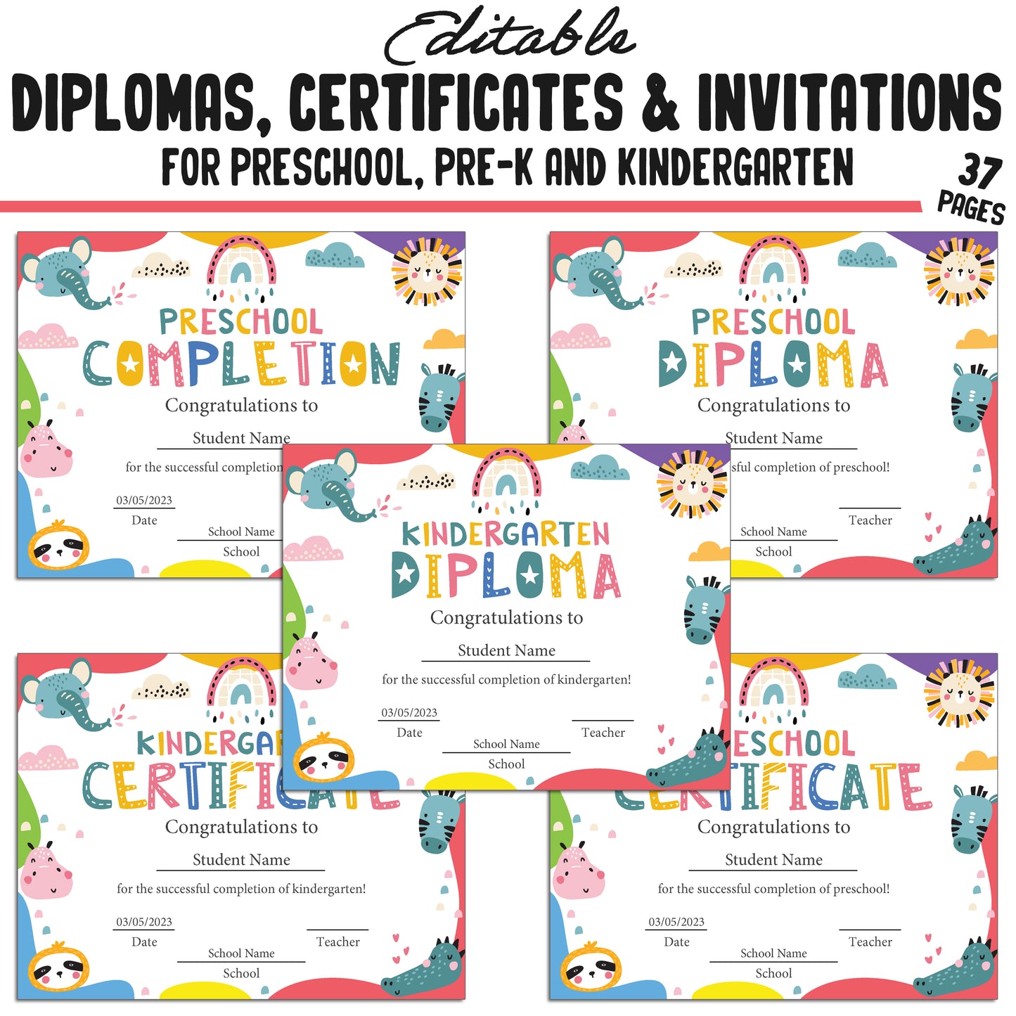 Editable Kindergarten, Pre-K, and Preschool Completion Certificates, Diplomas & Invitations Backgrounds, PDF Files, Instant Download