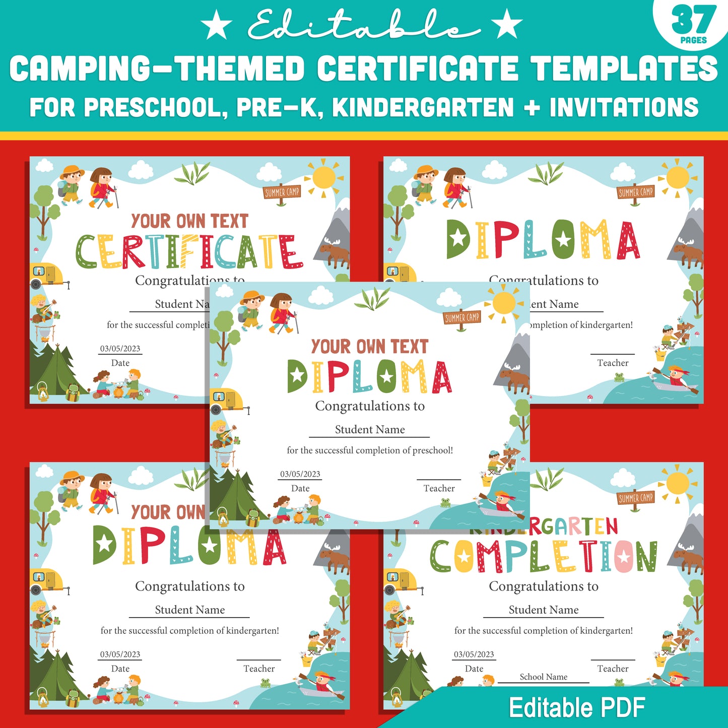 Preschool to Kindergarten Camping Certificate Pack β 37 Editable Templates with Diplomas & Invitations, Fun Outdoor Theme PDF Download
