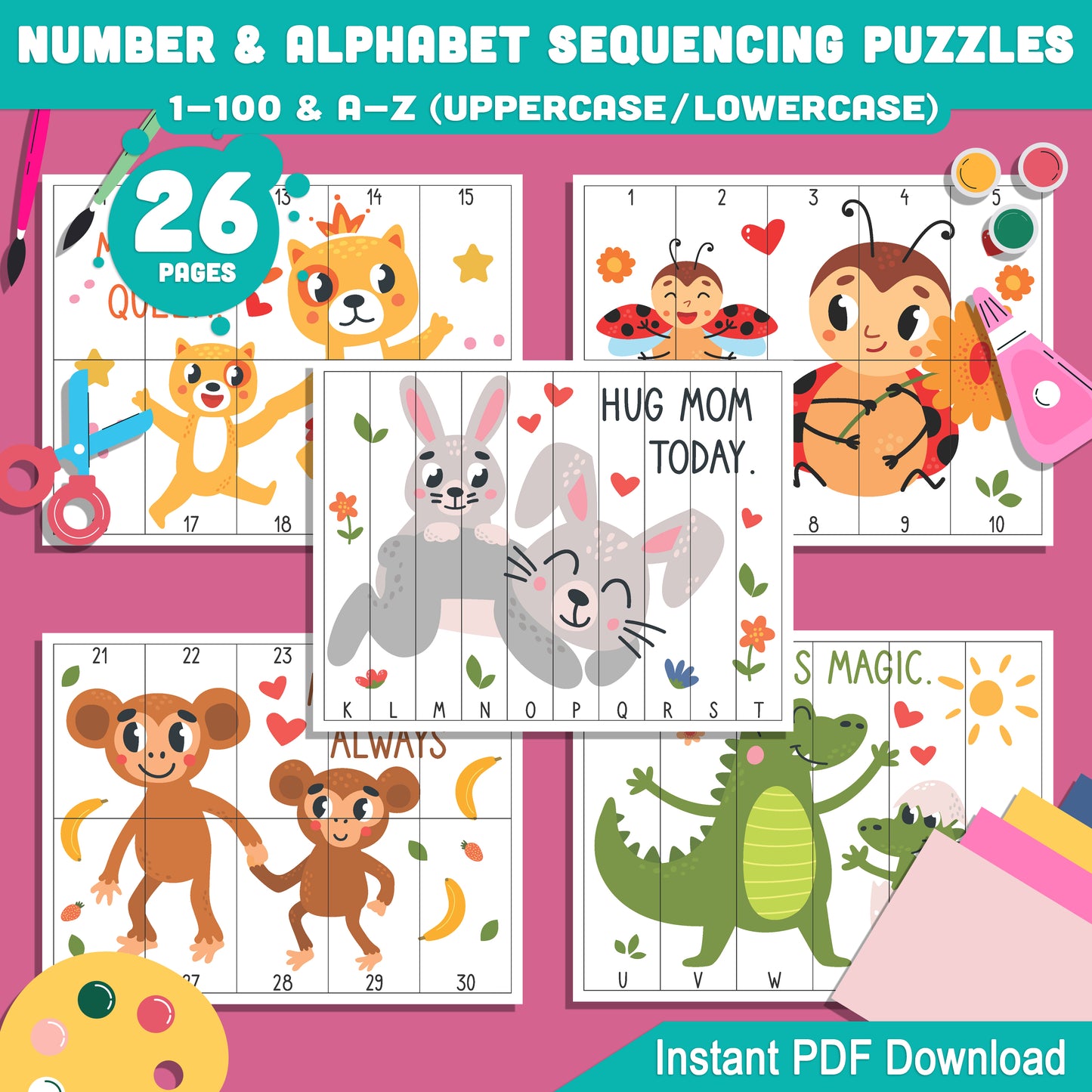 Mother’s Day Themed Number & Alphabet Sequence Puzzles: 1-100 and A-Z (Upper & Lowercase), Printable for Preschool and Kindergarten Activities