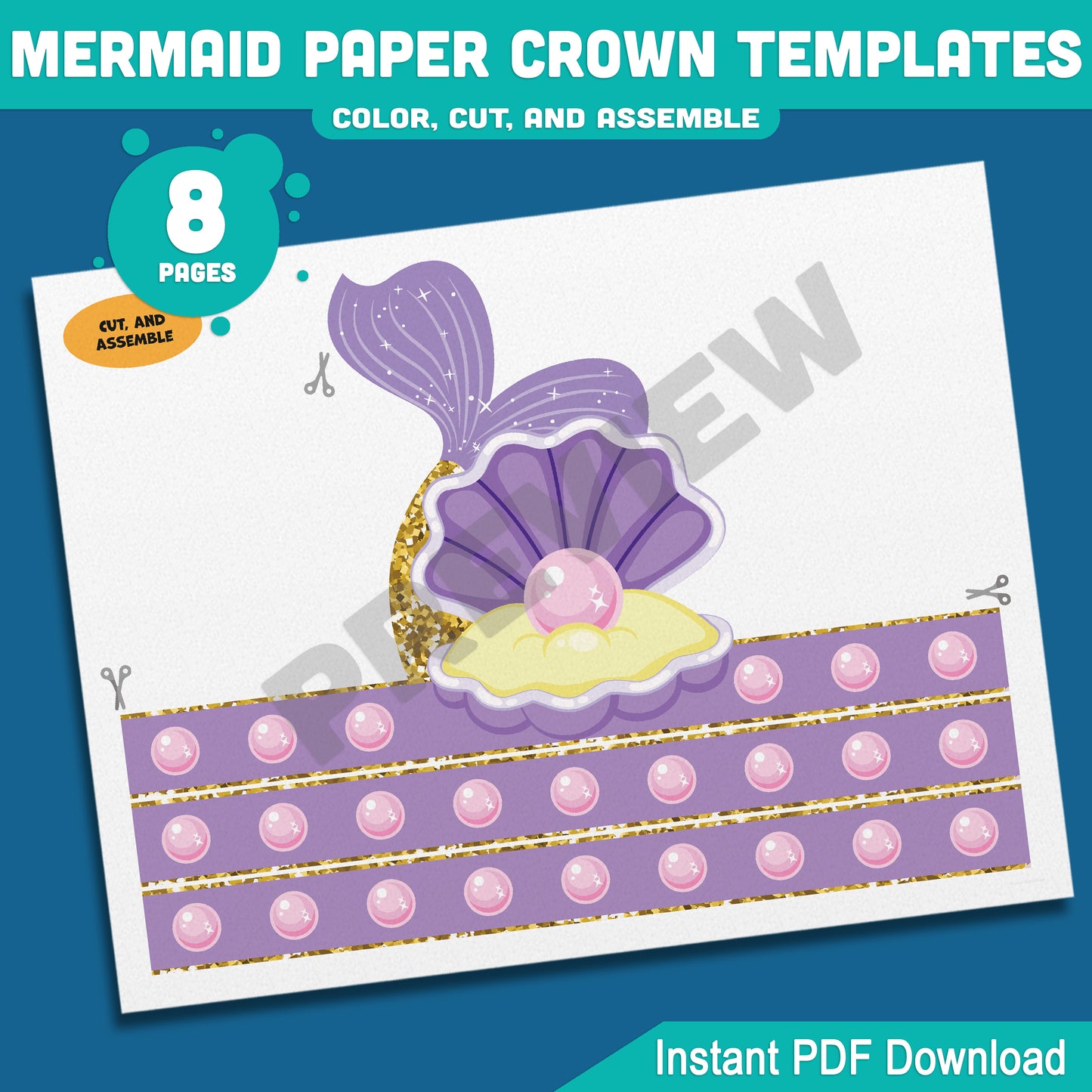 Mermaid Paper Crown, Hat, and Headband Craft for Kids – Fun Printable Designs in Color & Black and White, Instant 8-Page PDF Download