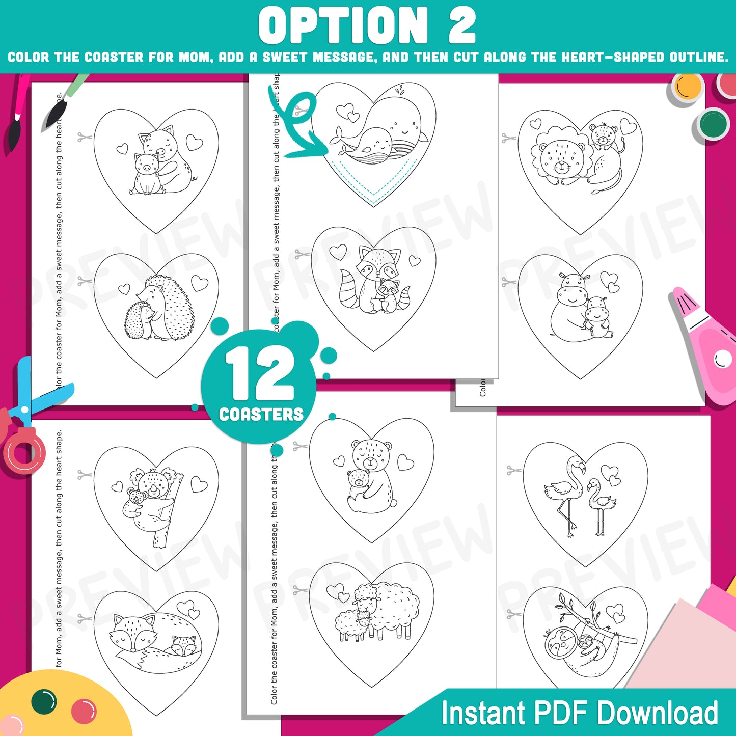 Mother’s Day Printable Heart Coasters – 24 Cute Animal-Themed Designs to Color, Cut & Share, Perfect for Kids’ Gift Crafting Fun!