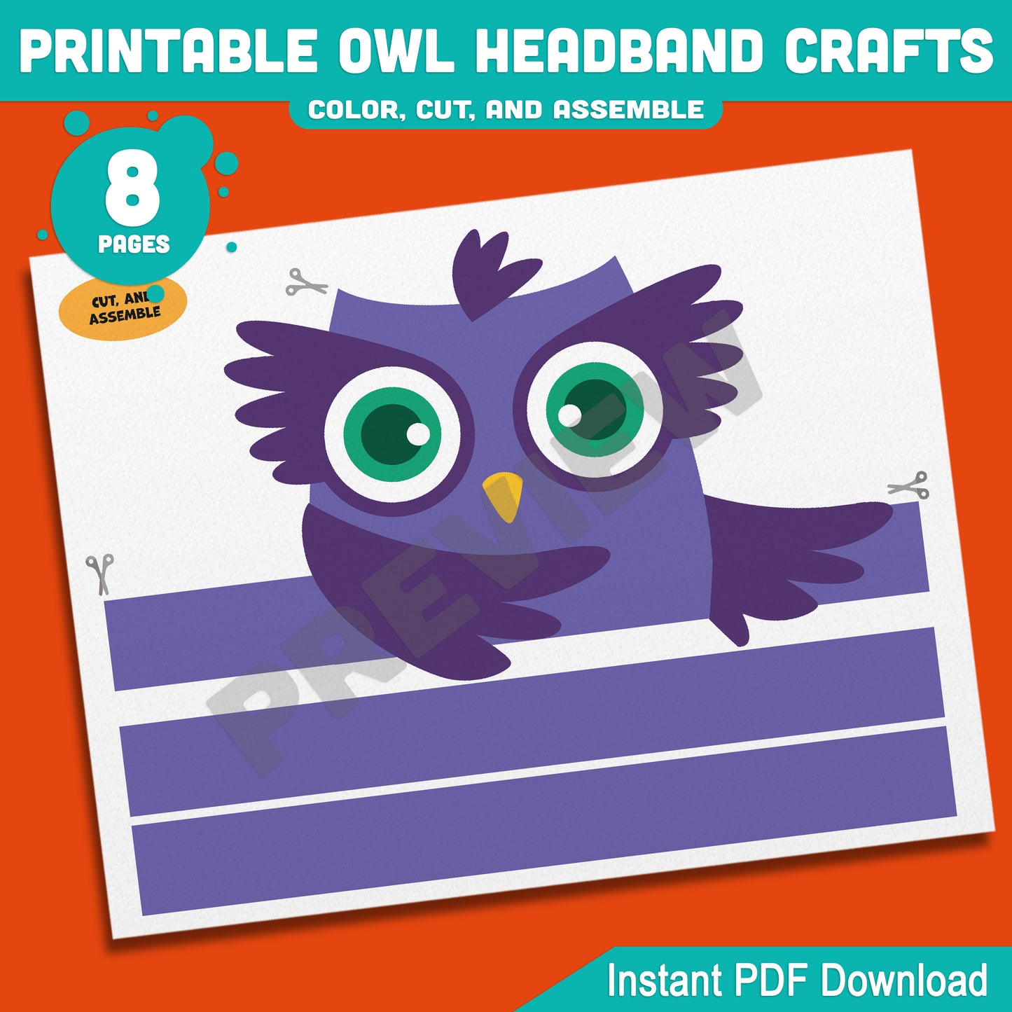 Printable Owl Headband Crafts, Autumn Paper Crown Hat Activity, Fun Cut, Color & Assemble Craft for Kids, 5 Owl Designs, Pre-colored + Black & White, PDF Download