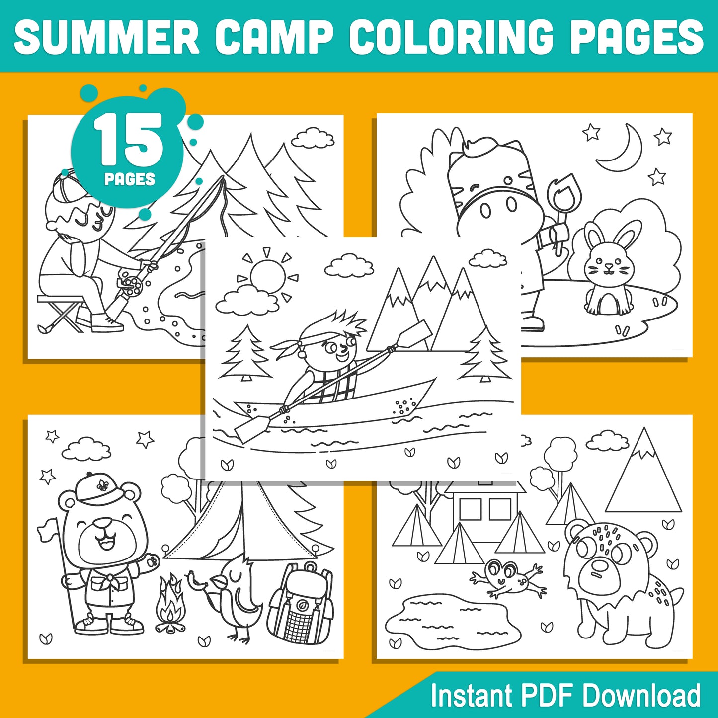 15 Exciting Summer Camp Coloring Pages for Kids – Camping-Themed Fun for Preschool & Kindergarten – Instant PDF Download