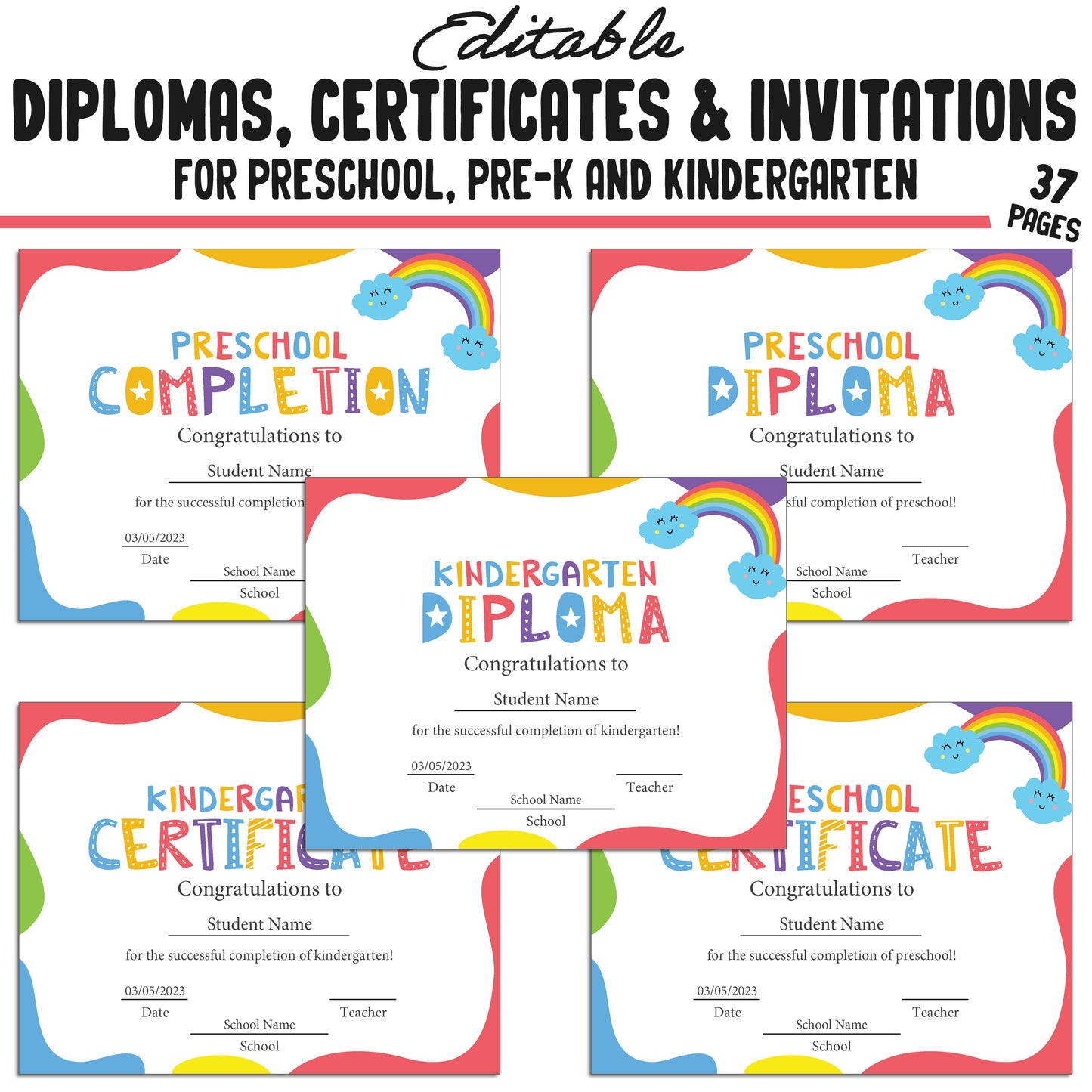 37 Editable Kindergarten, Pre-K, and Preschool Diplomas, Certificates of Completion, and Invitations β Instant PDF Download!