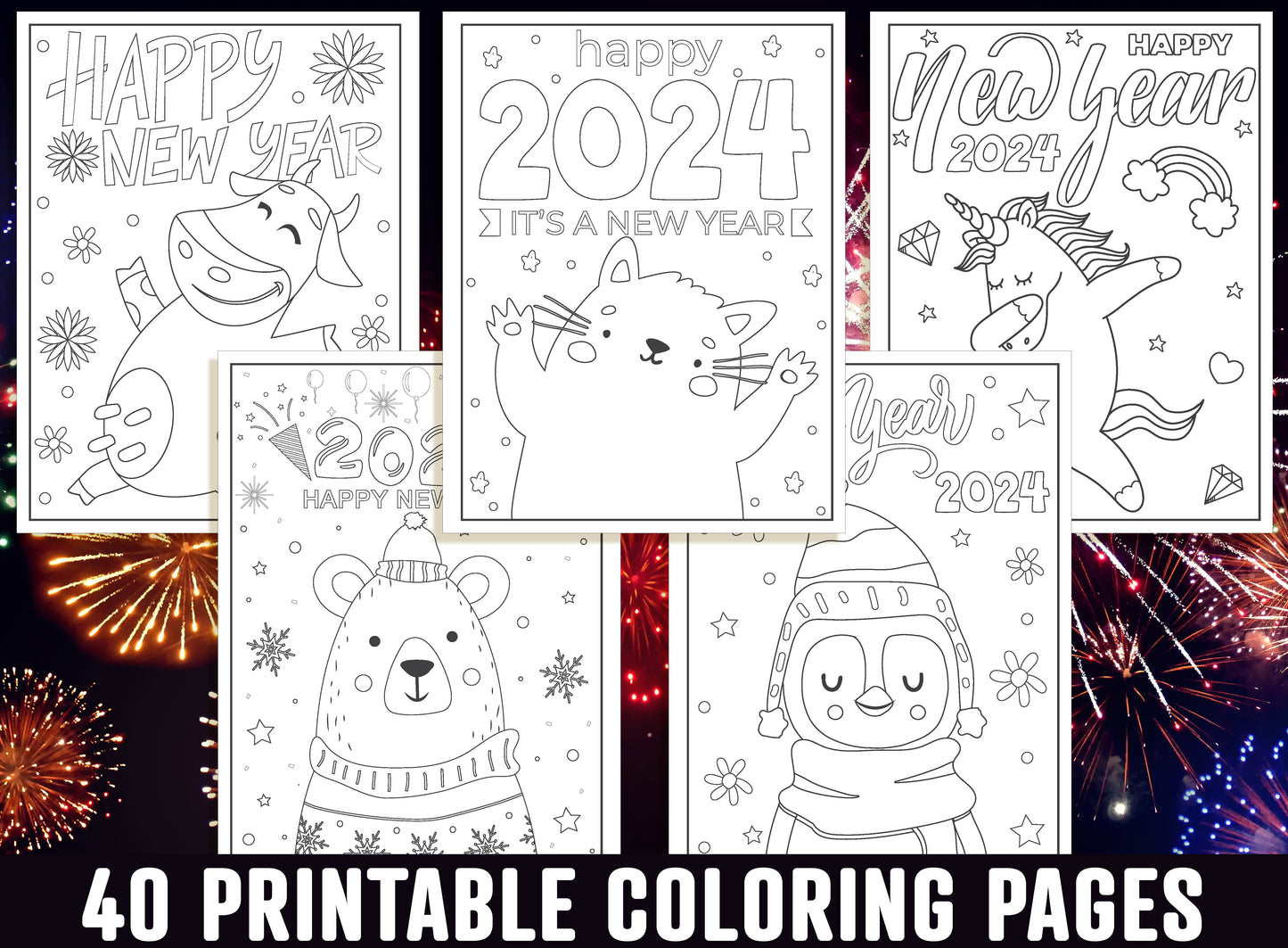 2024 New Year Coloring Pages, 40 Printable Happy New Year Coloring Pages for Kids, Boys, Girls, Teens. New Year Party Activity, PDF Download