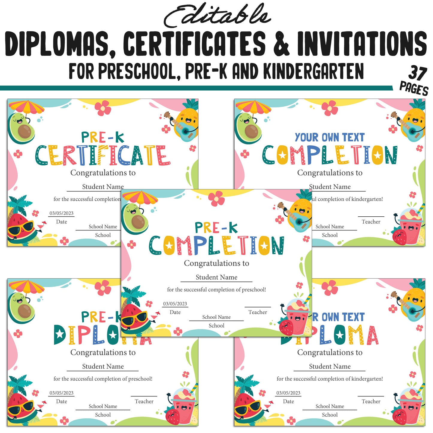 37 Summer-Themed Pre-K, Kindergarten, and Preschool Diplomas, Certificates, and Invitation Templates (PDF) - Instant Download
