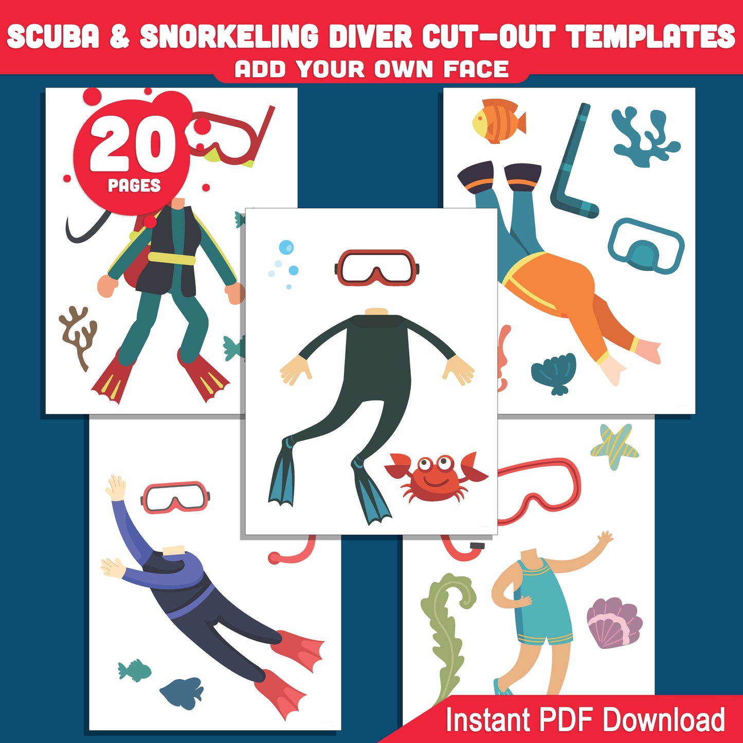 Scuba & Snorkeling Body Cut-Out Craft for Kids – Underwater Summer Dress-Up Printable with Add-Your-Face Fun, 20+ Pages, Instant PDF, Dark Skin Included