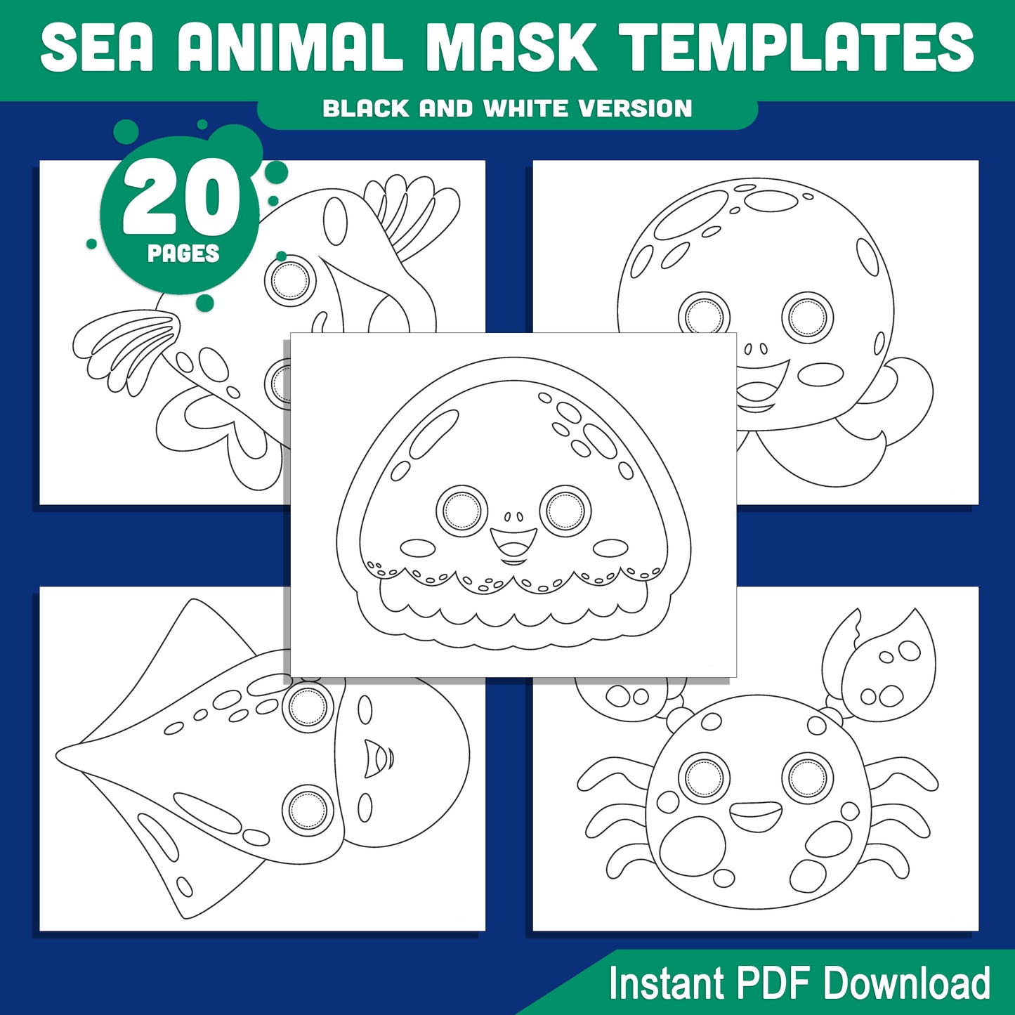 Ocean Animal Mask Templates: 20 DIY Craft Pages for Kids, Pre-Colored & Black & White, Featuring Shark, Whale, Fish, Octopus & More!