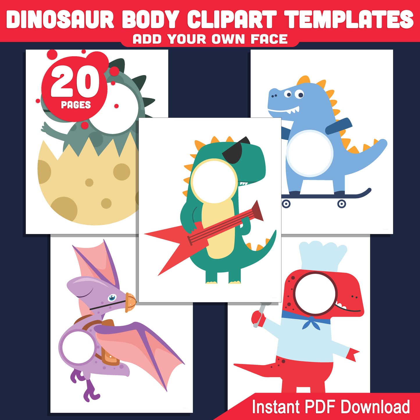 Dinosaur Body Clipart Templates: Add Your Photo Face for a Fun Dino-Themed Craft, 20 Printable Cutouts for Kids’ DIY Art Activity, PDF Instant Download