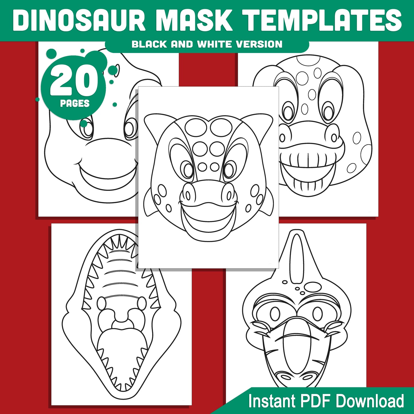 Fun Dinosaur Mask Templates: 20 DIY Printable Pages for Kids, Pre-Colored & Black and White, Great for Role-Playing, Parties & Costumes