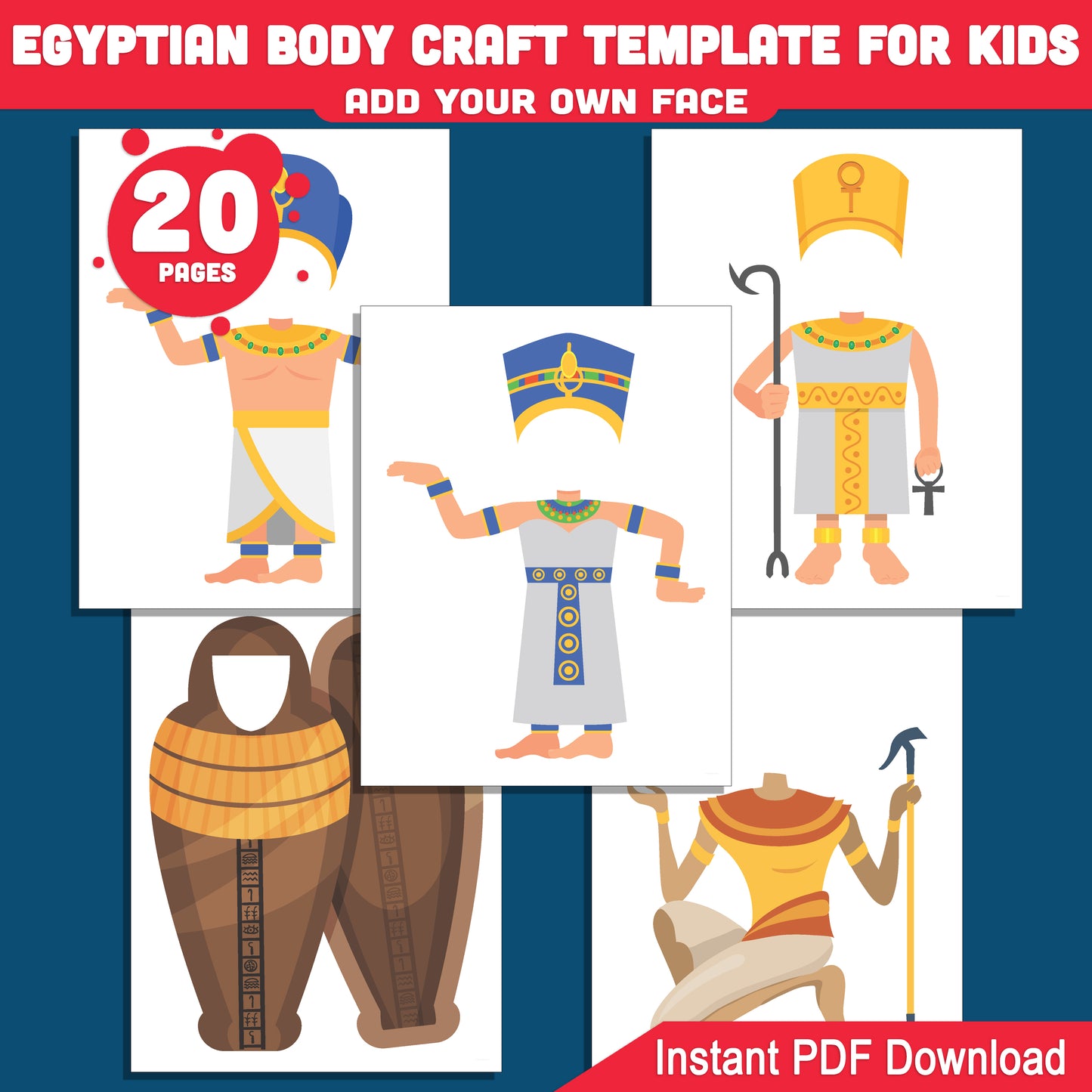 Egyptian Body Craft Template for Kids – Add Your Face to Ancient Characters, Cut and Paste Art for Preschool & Elementary, 20 Printable Pages, PDF + PNG