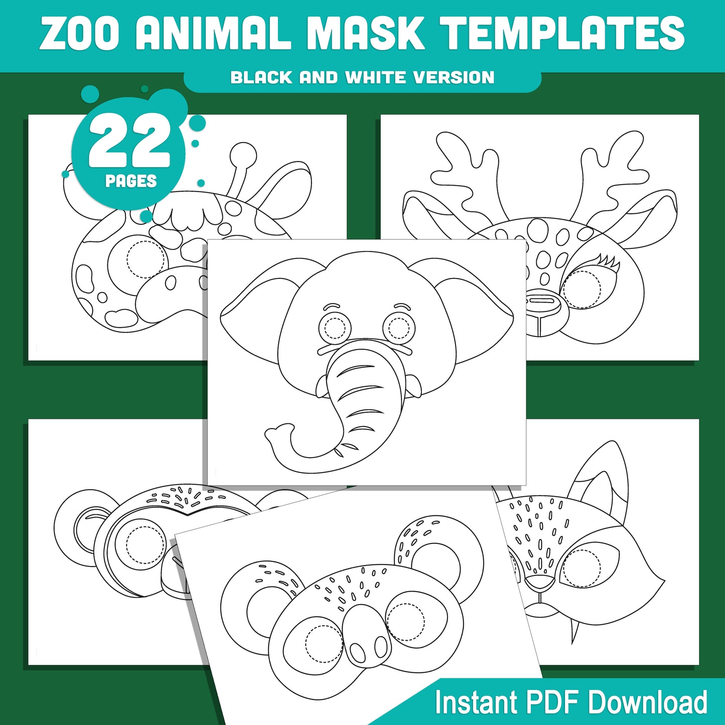 Zoo & Jungle Animal Mask Templates: 22 Fun Printable Masks for Kids, Pre-Colored + Black & White, Great for Parties & Pretend Play, Instant PDF Download