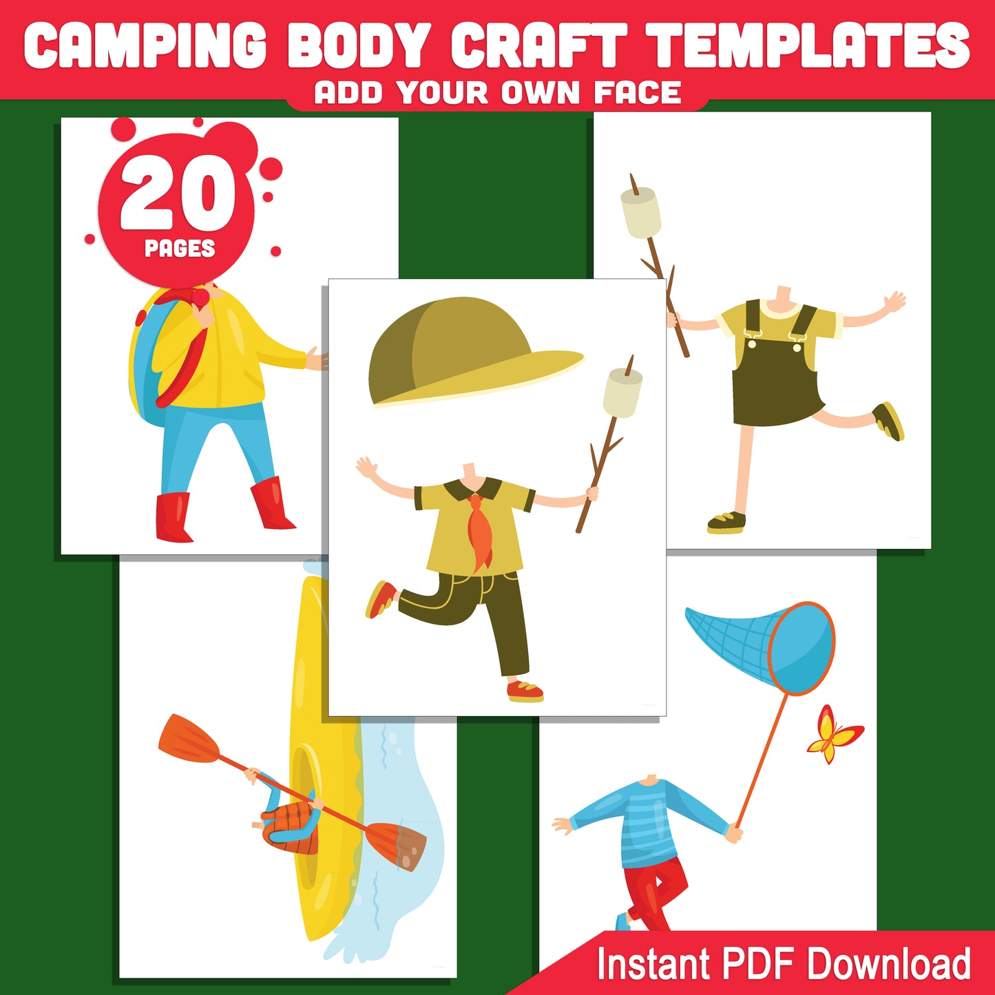 Camping Body Craft Template for Kids with Body Clipart – 40 Page Cut and Paste Activity, Add Your Face, Instant PDF, Dark Skin Tone Included