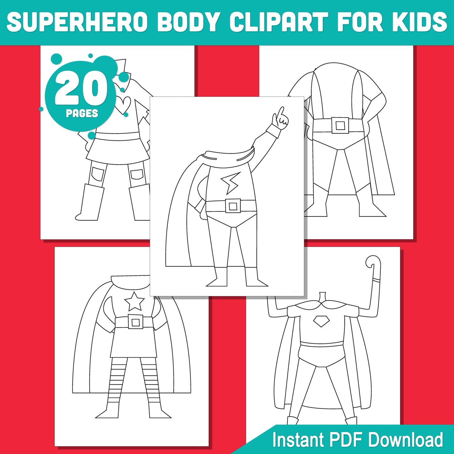 20 Superhero Body Coloring Pages, Fun Printable Activity for Kids to Insert Their Own Face, Perfect for School, Homeschool, or Parties, PDF