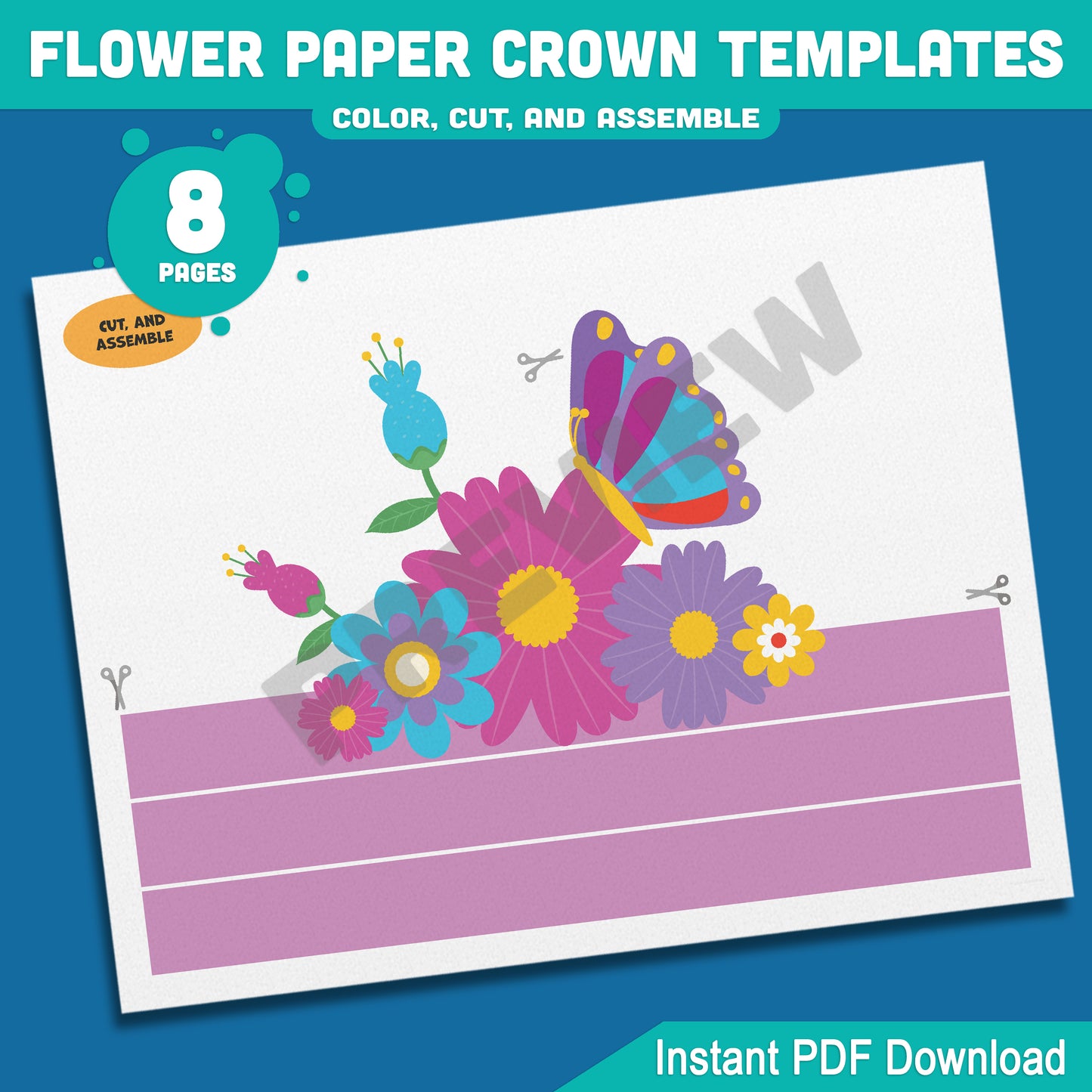 Spring Flower Paper Crown Templates: 4 Cute Hat Designs for Kids in Color and Black & White, Fun Printable Headbands, 8 Pages PDF